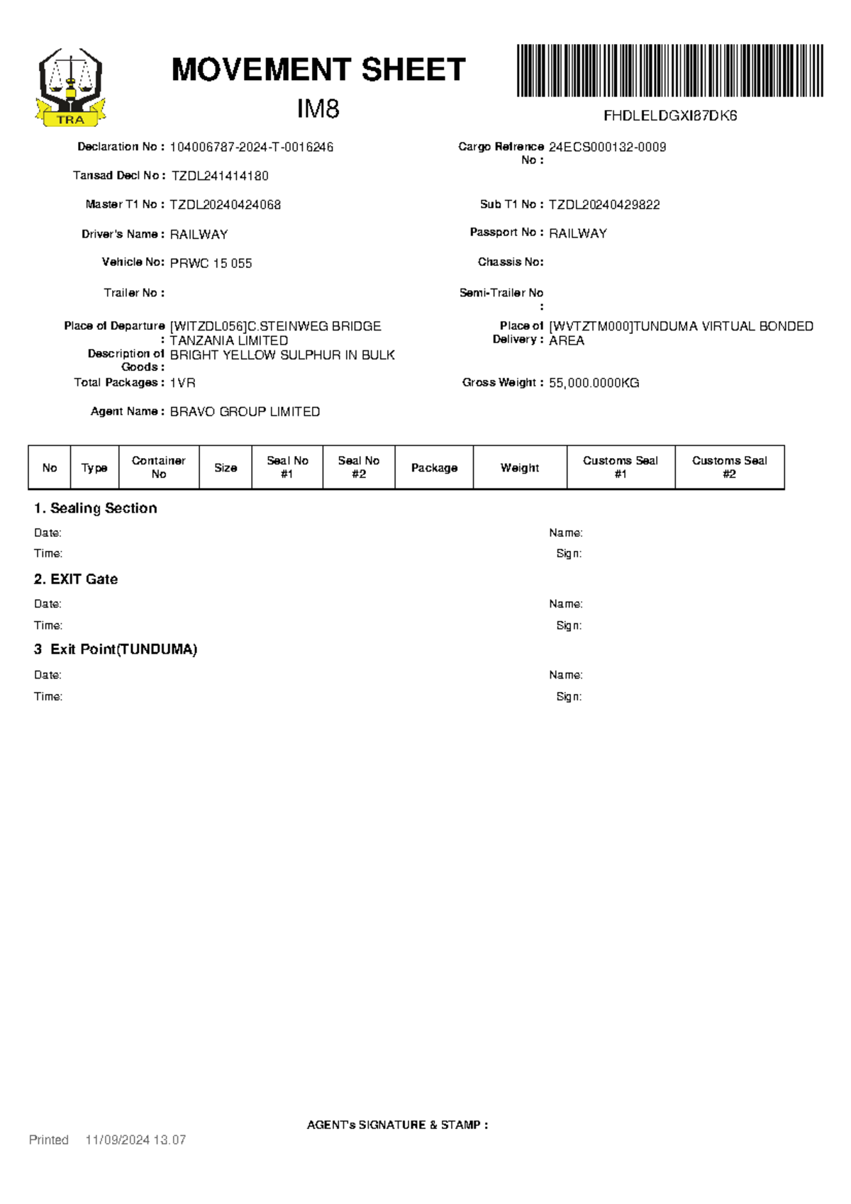 BTMovement Sheet - Total Packages : Driver's Name : Vehicle No: Place ...