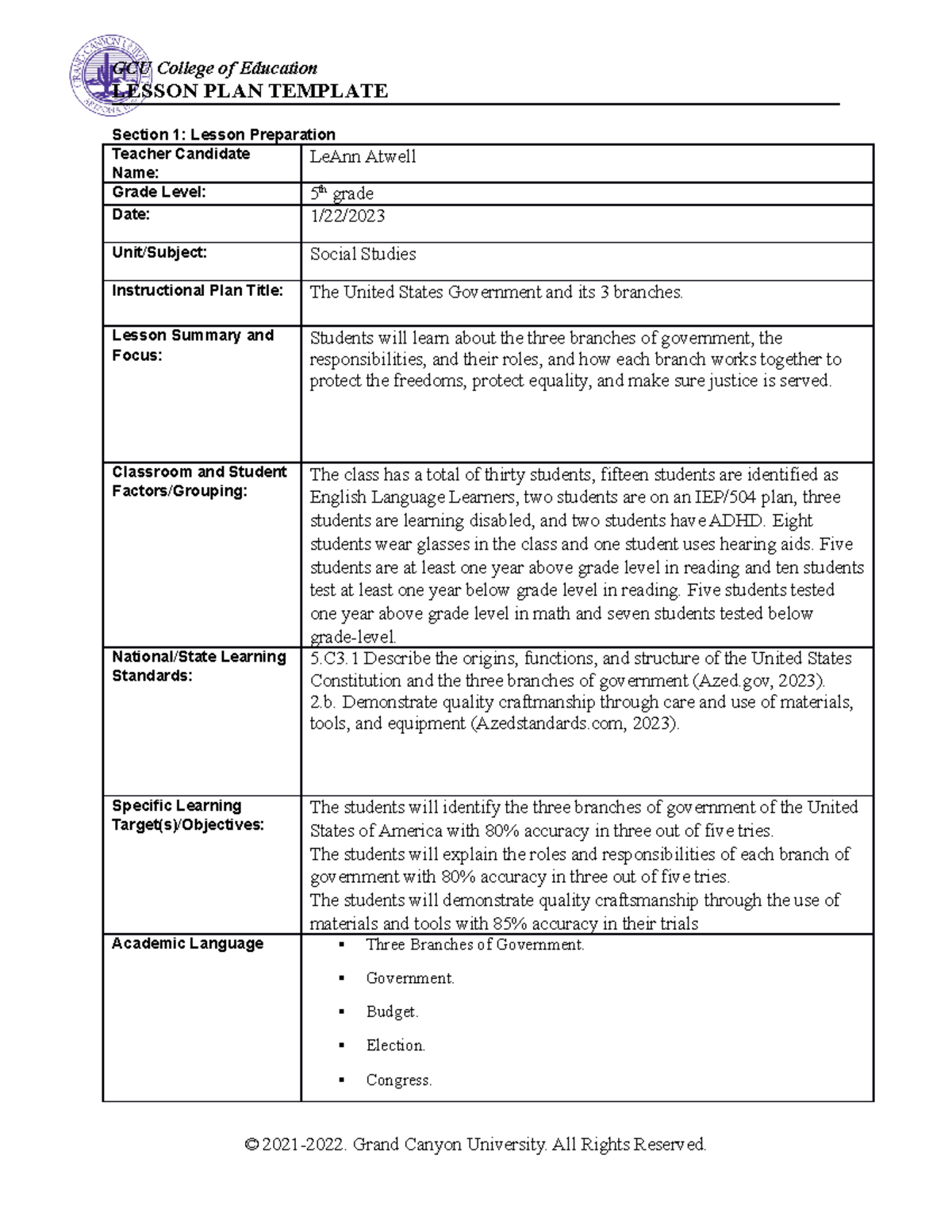 Civics Government Lesson Plan - LESSON PLAN TEMPLATE Section 1: Lesson ...