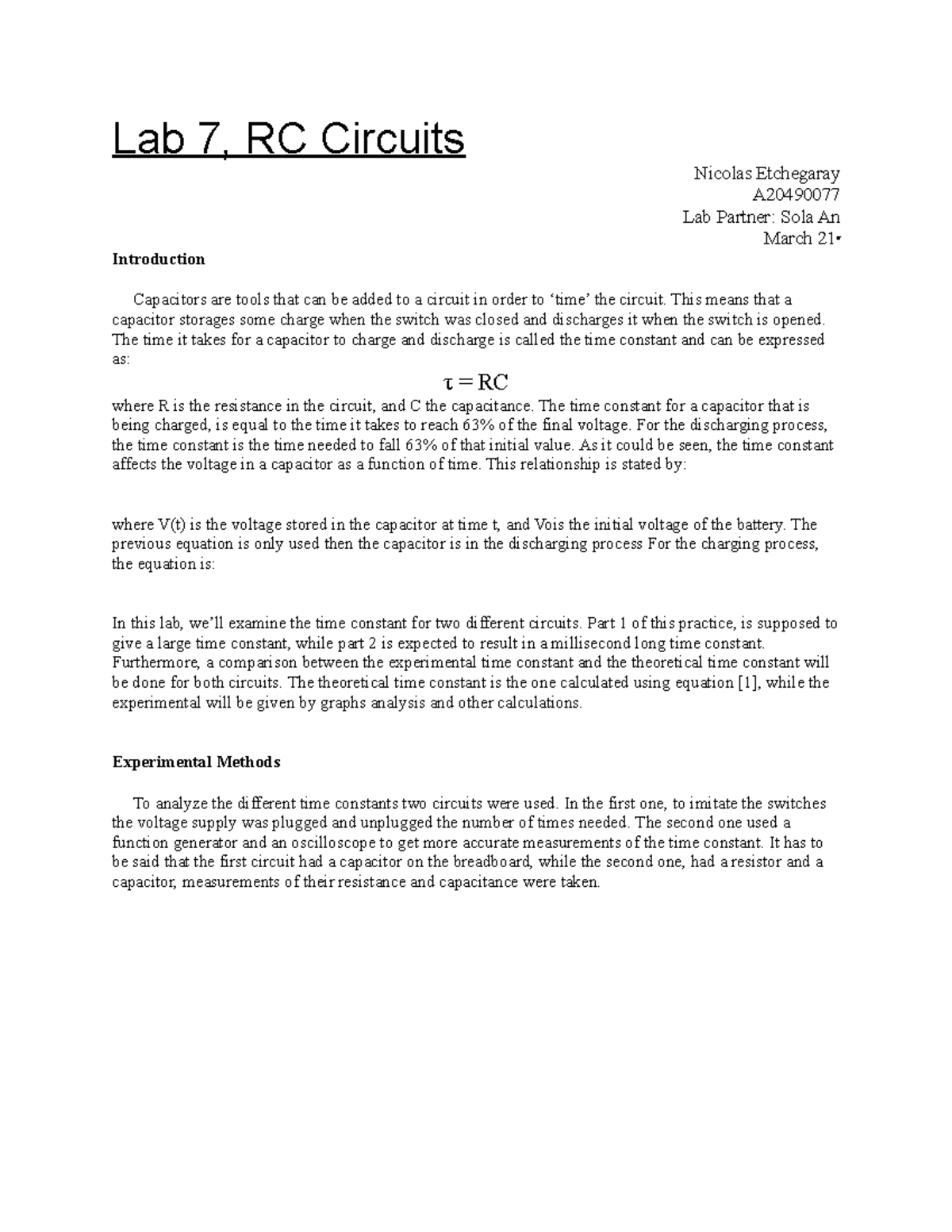 Lab 7 Lab 7 Lab 7, RC Circuits Nicolas Etchegaray A Lab Partner