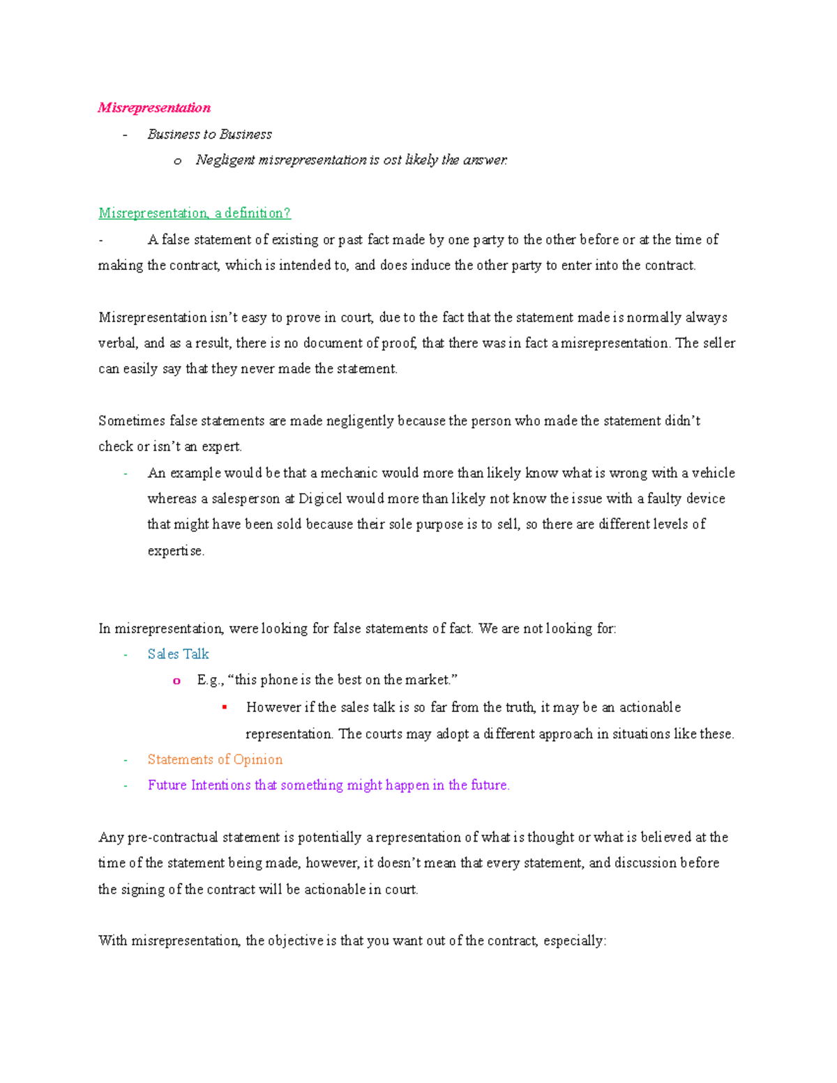 Misrepresentation Recap Misrepresentation Business to Business o