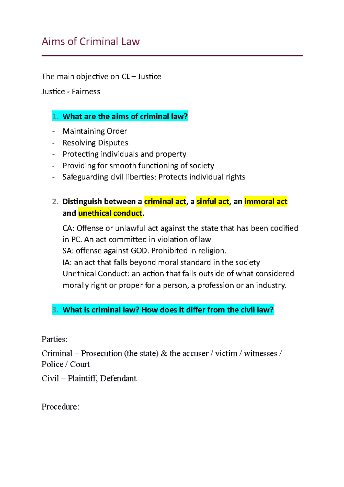 Aims of CL Tutor - Aims of Criminal Law The main objective on CL ...