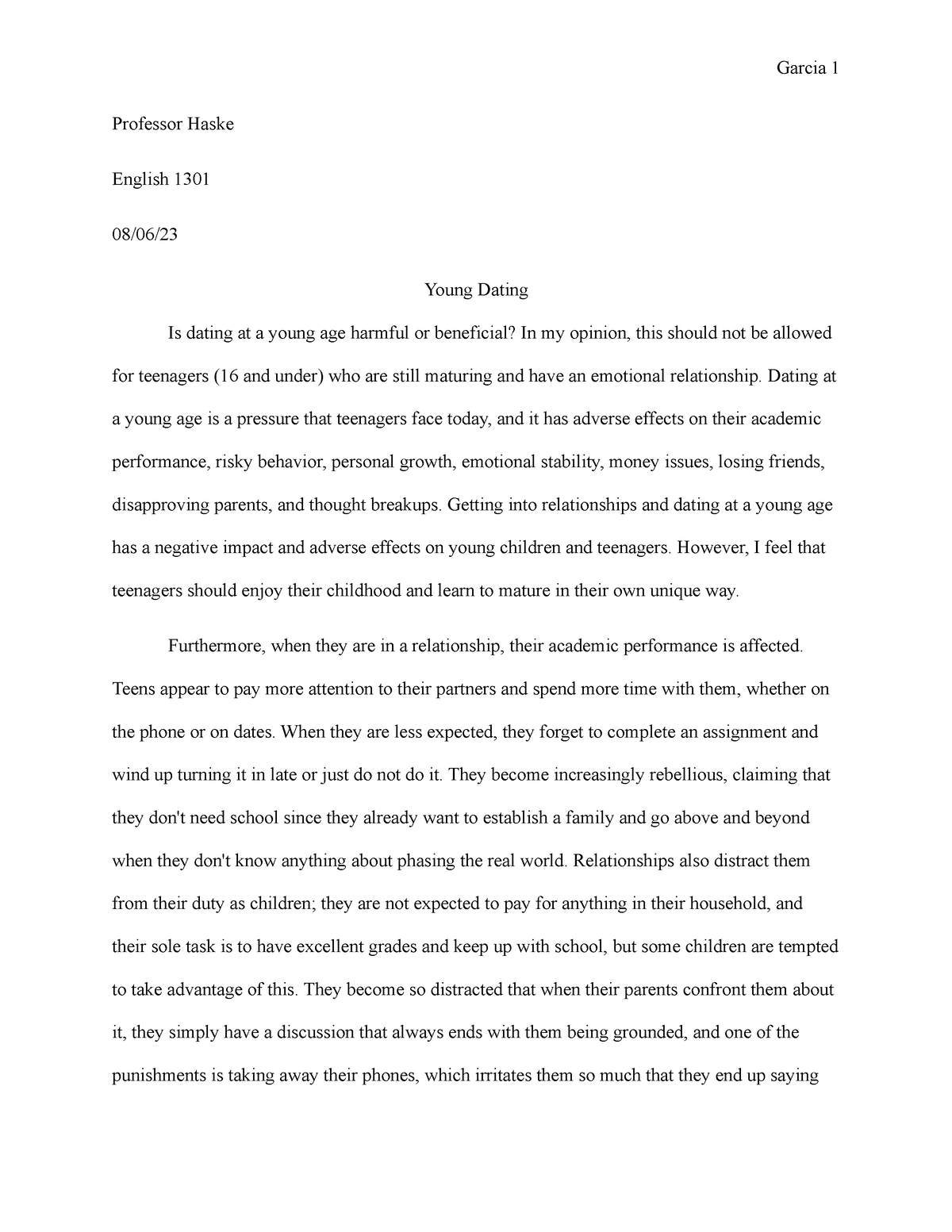 cause and effect essay dating at young age