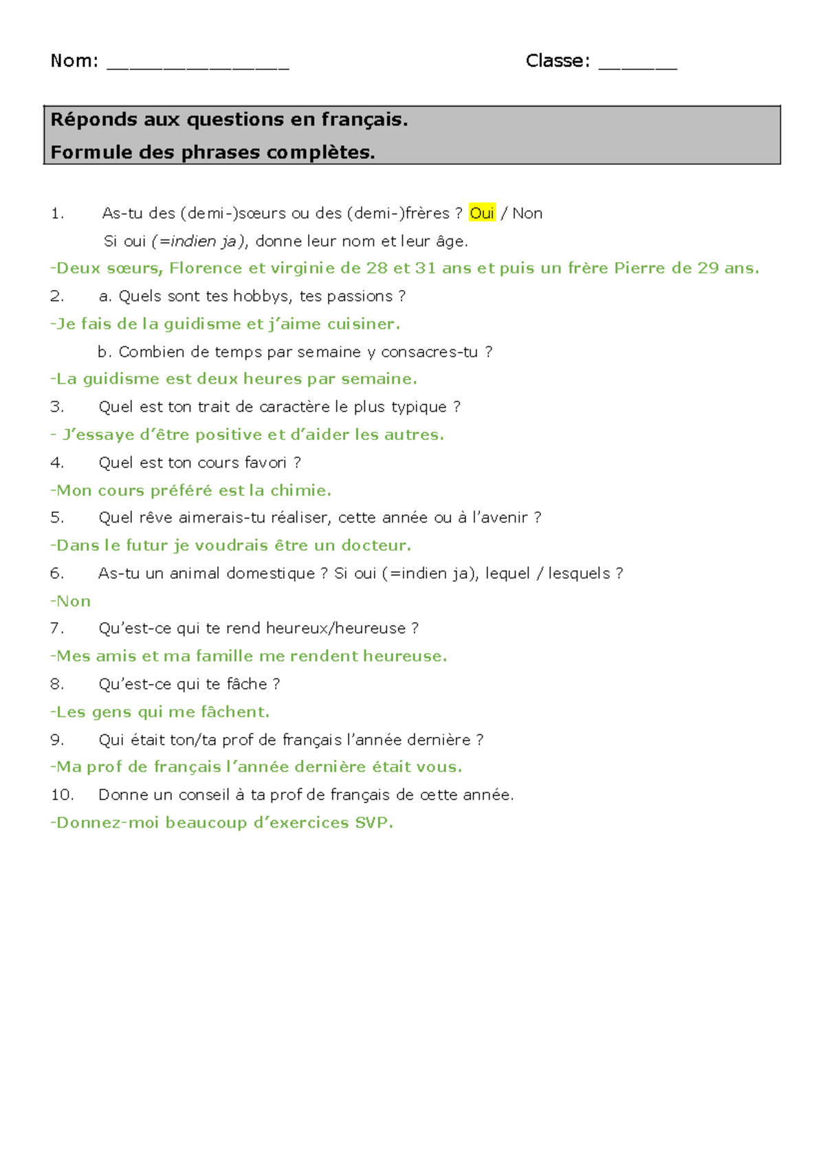 R ponds Aux Questions En Fran ais Nom Classe 