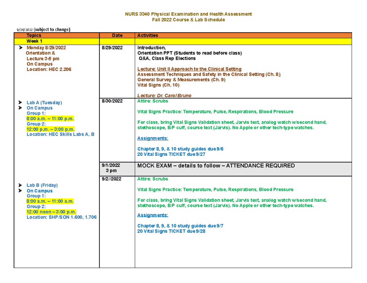 Fall 2022 Health Assessment Course and Lab Schedules Revised 9262022