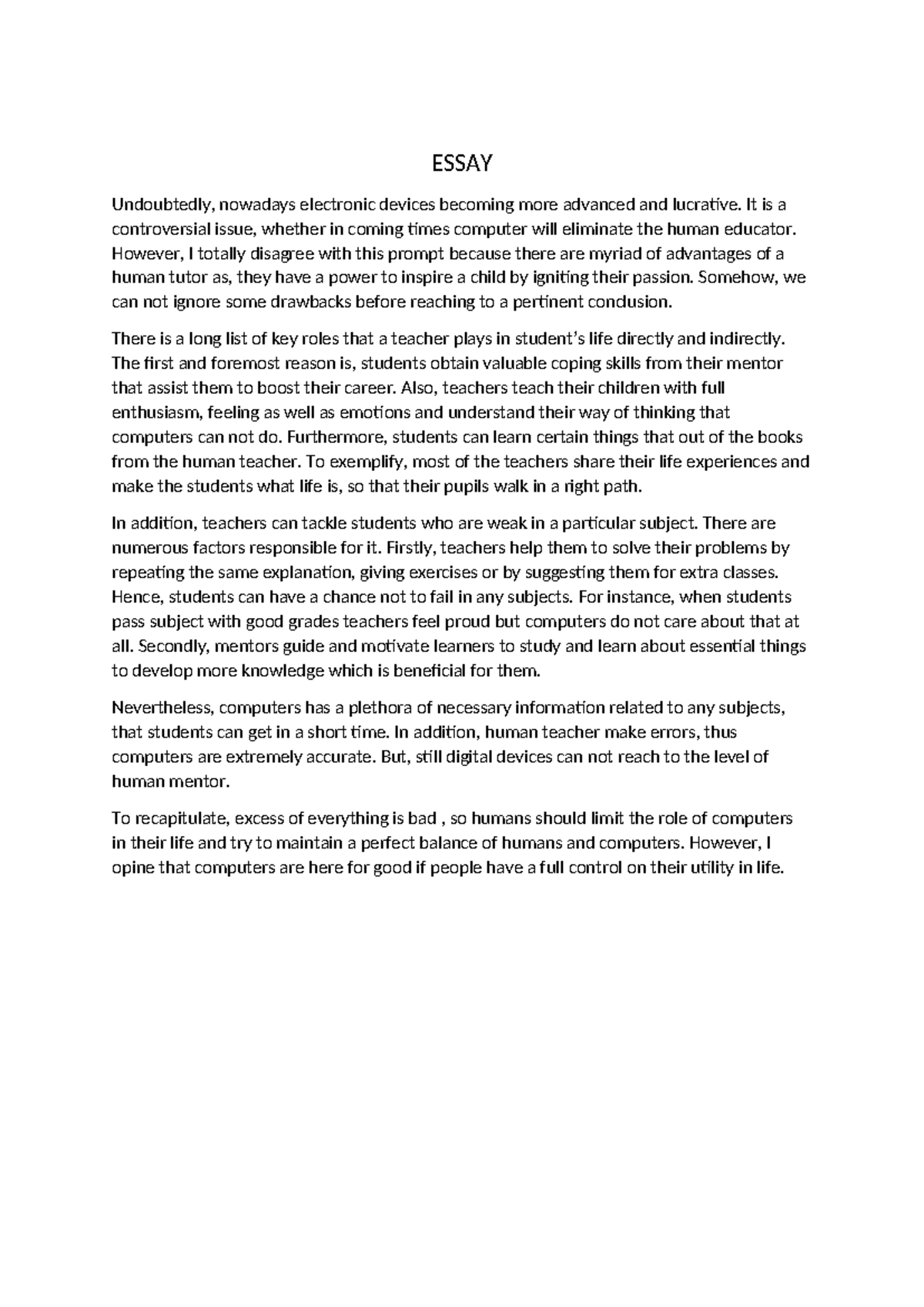 Essaay 01 - essay - ESSAY Undoubtedly, nowadays electronic devices ...