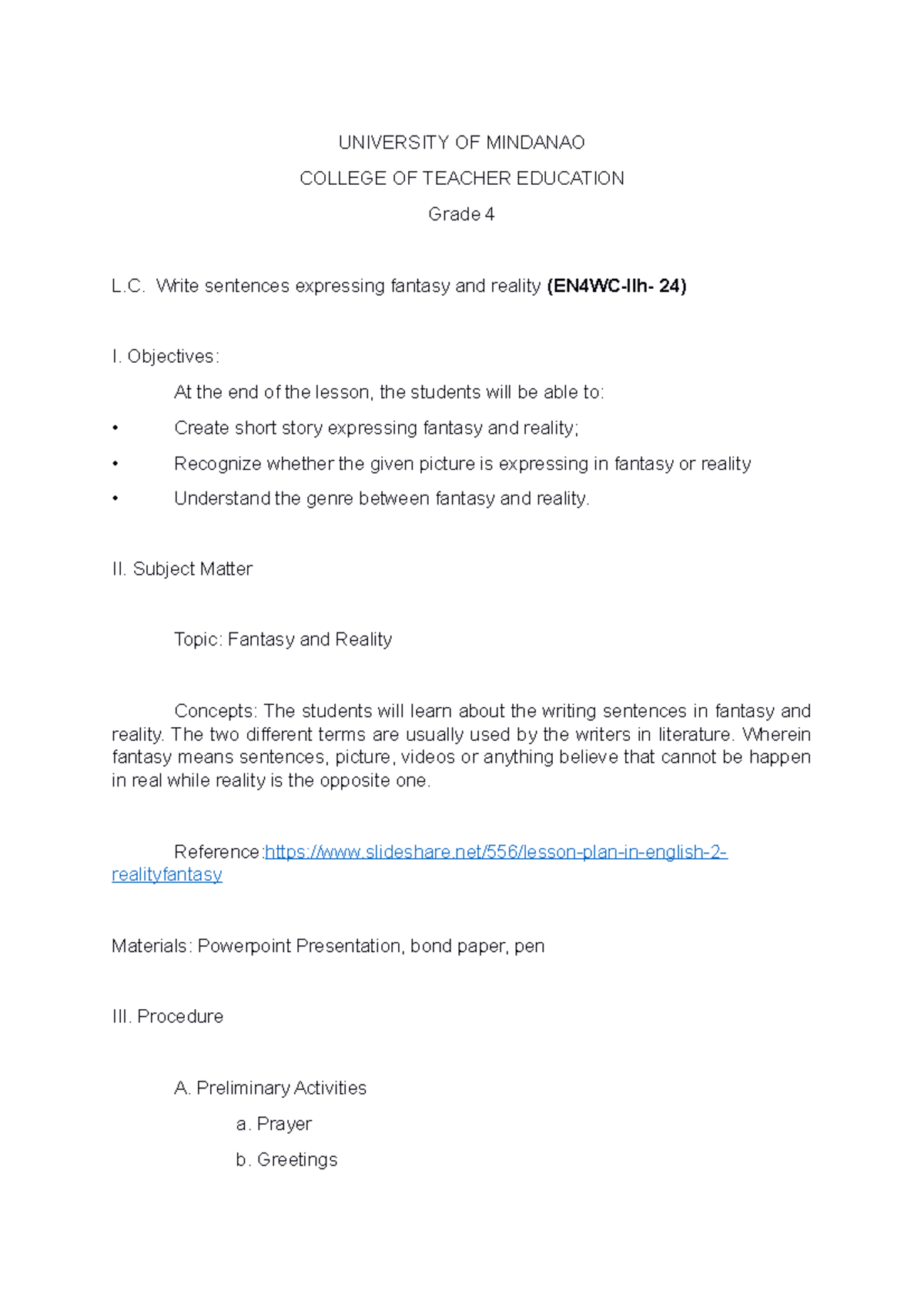 Eng lesson plan antop - UNIVERSITY OF MINDANAO COLLEGE OF TEACHER ...