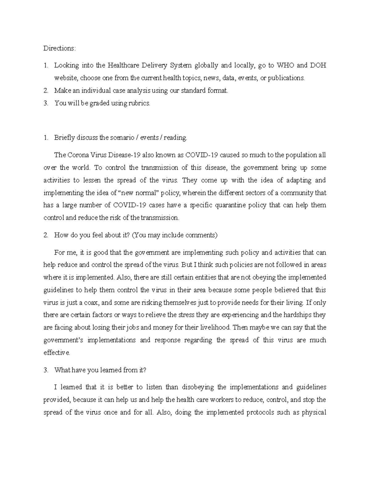 Chn-case Analysis - Community Health Nursing - Directions: Looking Into 