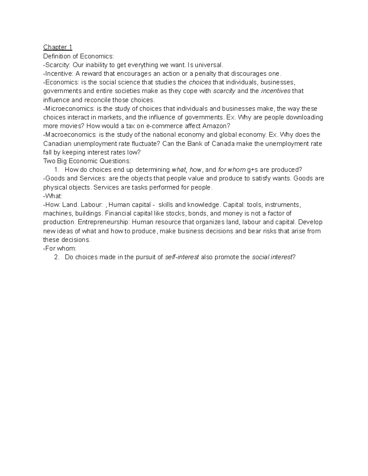 ECON Notes Chapter 1 - Chapter 1 Definition of Economics: -Scarcity ...
