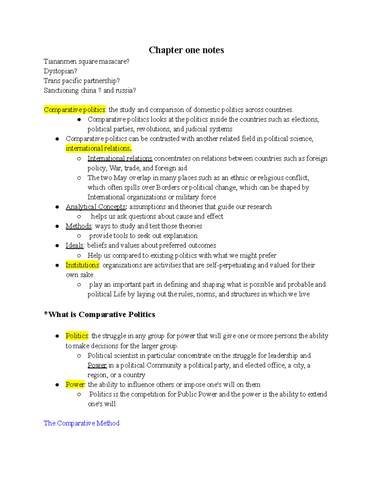 Comparitive Politics Notes Chapter 1 - Chapter one notes Tiananmen ...