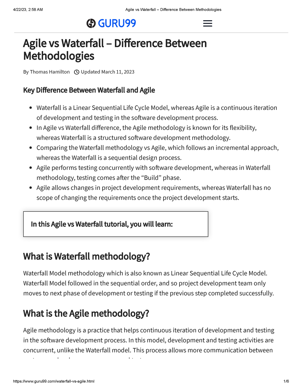 Agile vs Waterfall – Difference Between Methodologies - In Agile vs ...