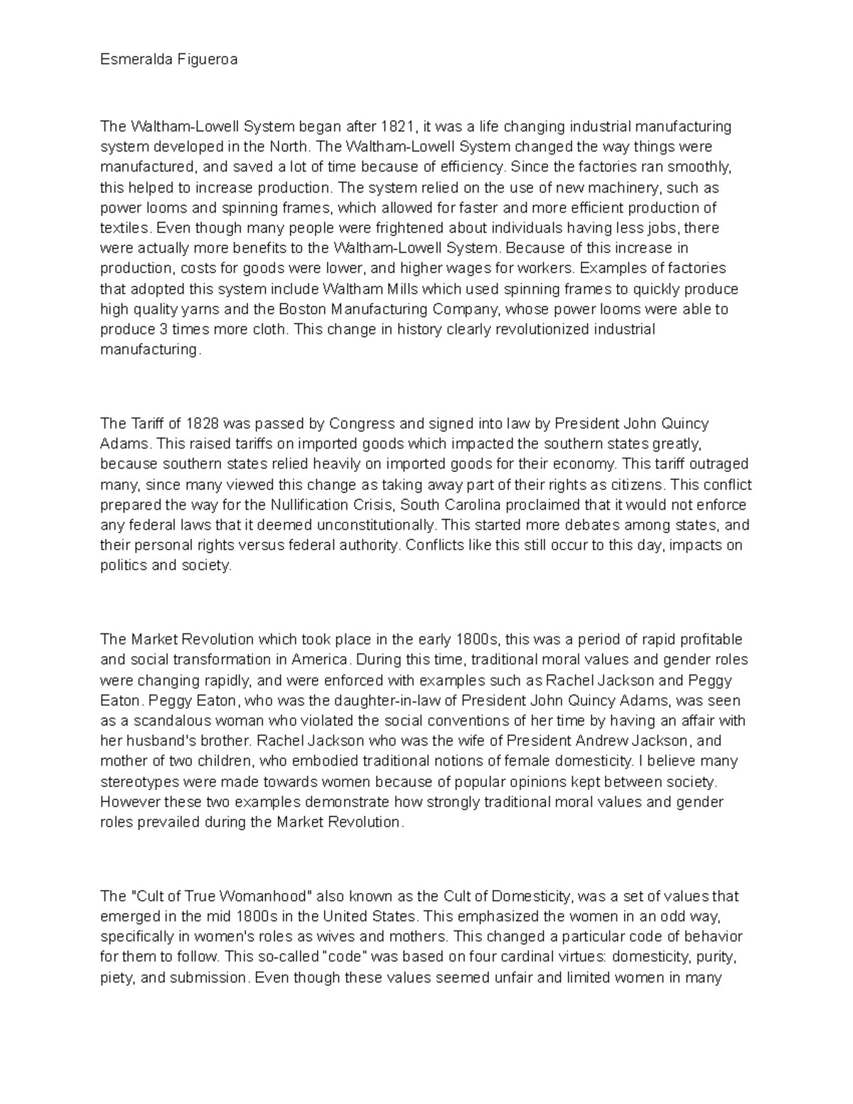 US History Final Exam Review #1 - Esmeralda Figueroa The Waltham-Lowell ...