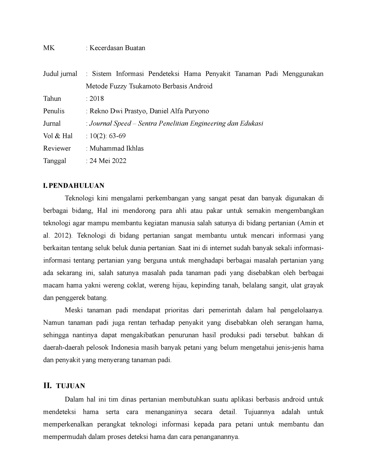 Review Jurnal Metode Tsukamoto Mk Kecerdasan Buatan Judul Jurnal