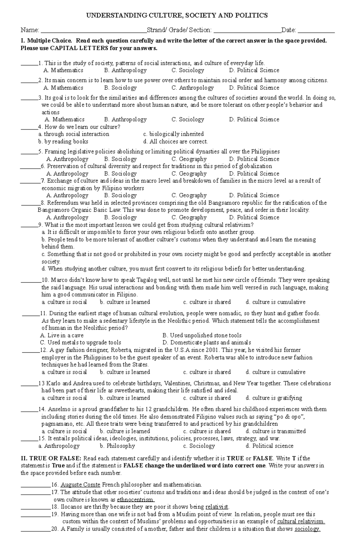 Mastery TESTUCSP 12 This handout is a summary or key points of understanding culture, society