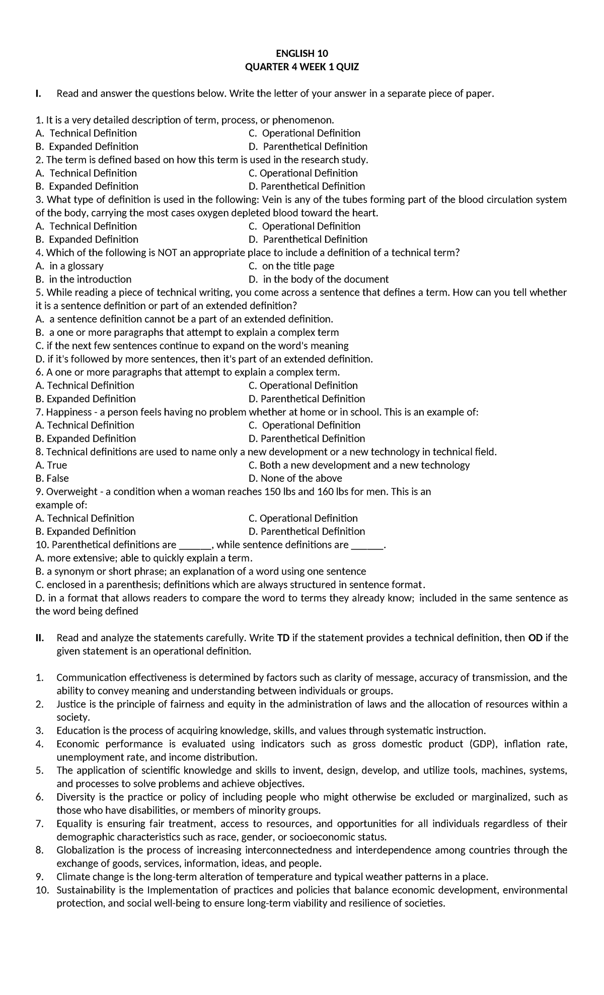 Quarter 4 WEEK 1 QUIZ - ENGLISH 10 QUARTER 4 WEEK 1 QUIZ I. Read and ...