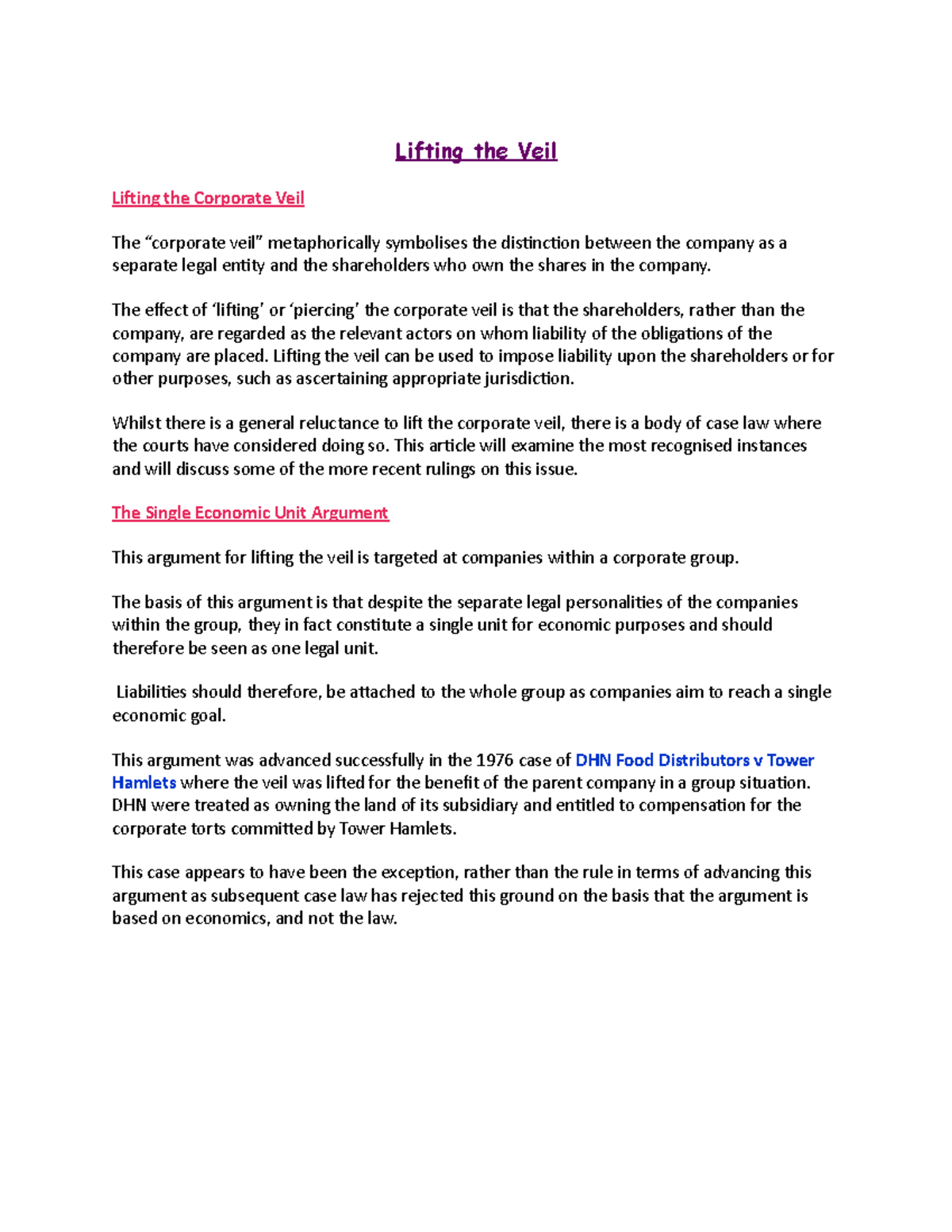 Lifting the Veil Model Answer Lifting the Veil Liting the Corporate Veil The “corporate veil