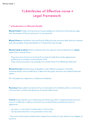 Mental Health notes Week 1-4 - Mental Health 1 Lecture Notes Week 1 ...