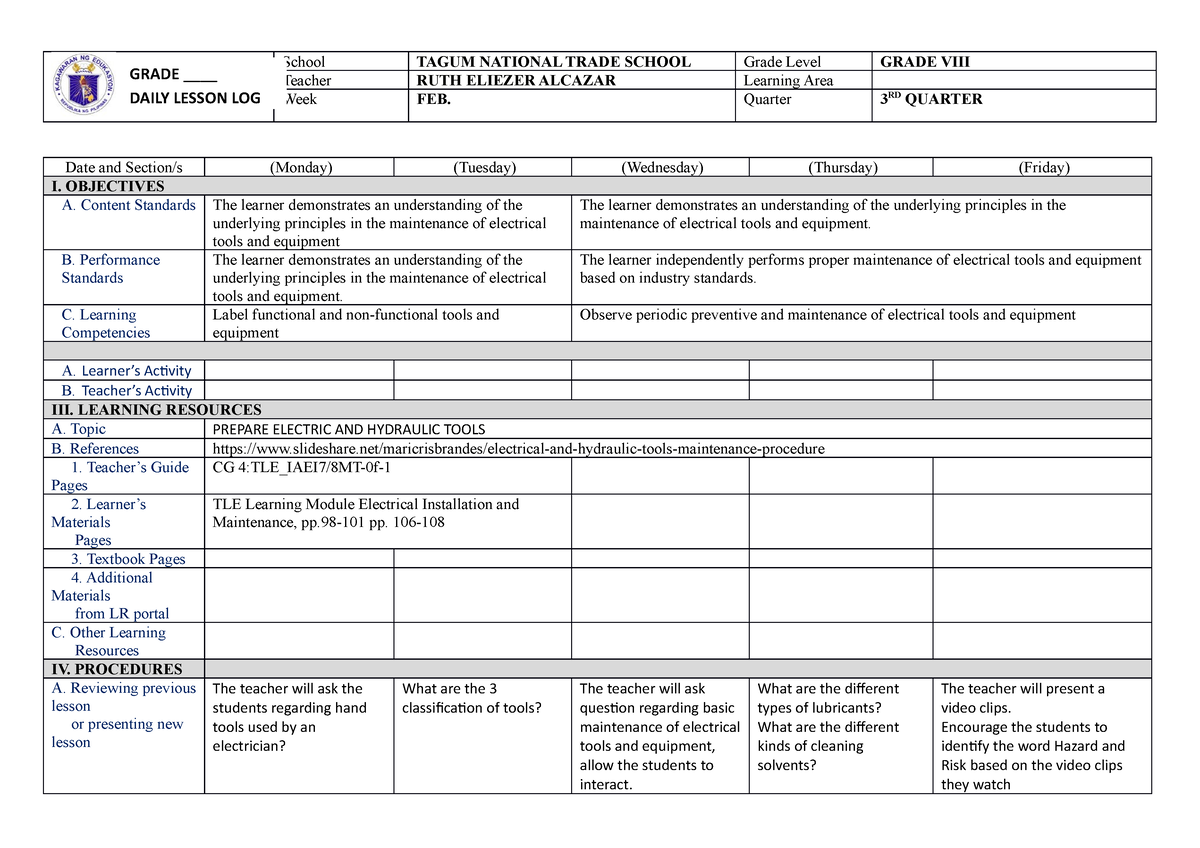 COT- Lesson-LOG-week 3 - School TAGUM NATIONAL TRADE SCHOOL Grade Level ...