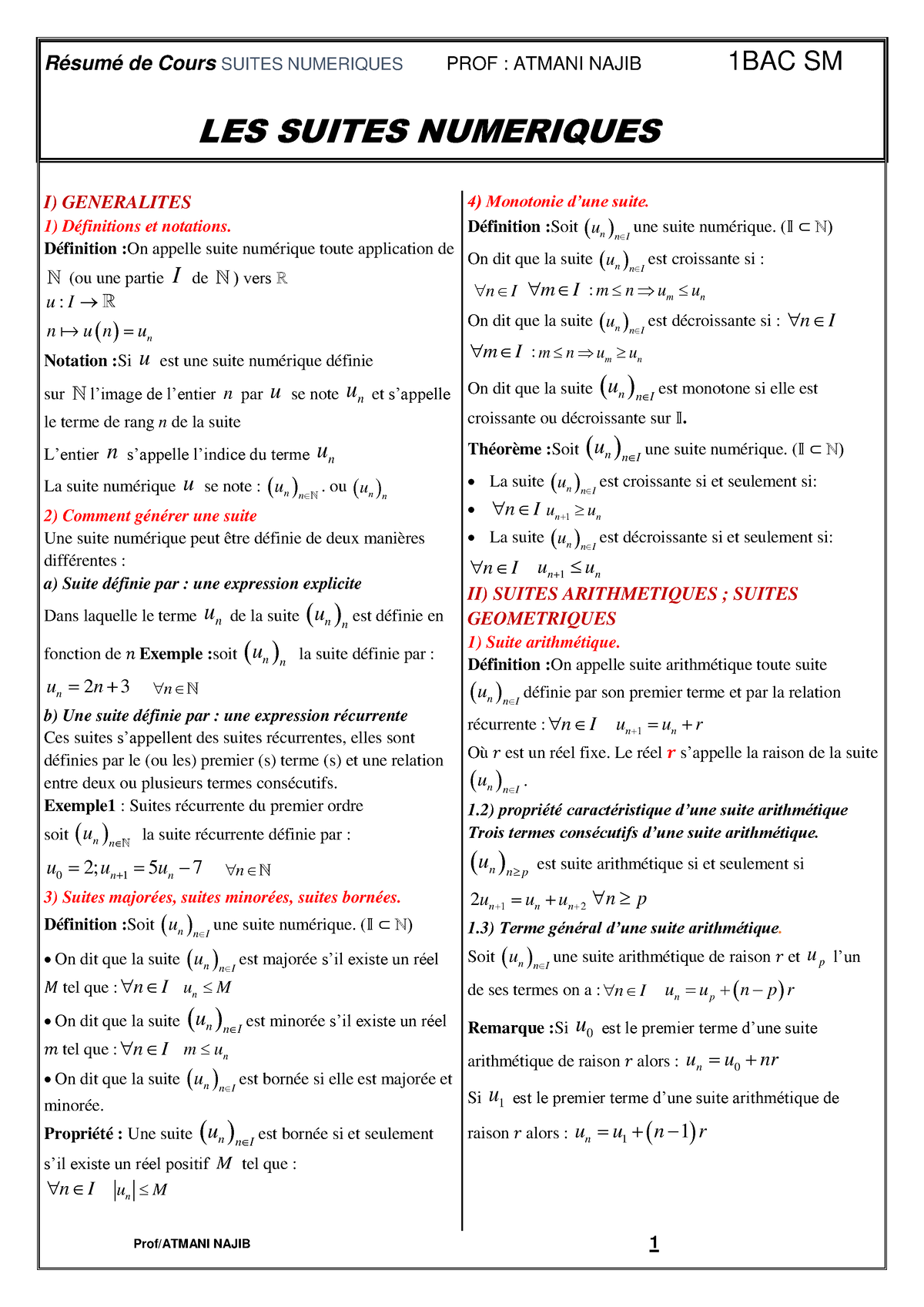 Resume Les Suites Numeriques 1 1bac Biof - Prof/ATMANI NAJIB 1 Résumé ...