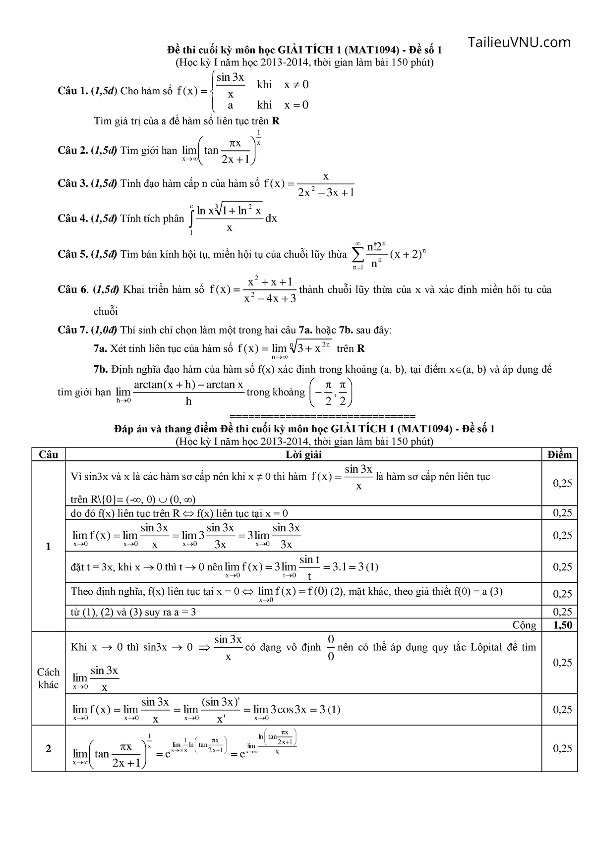 De thi va dap an Giai tich 1 de so 1 ky 1 nam hoc 2013 2014 UET - Đề ...