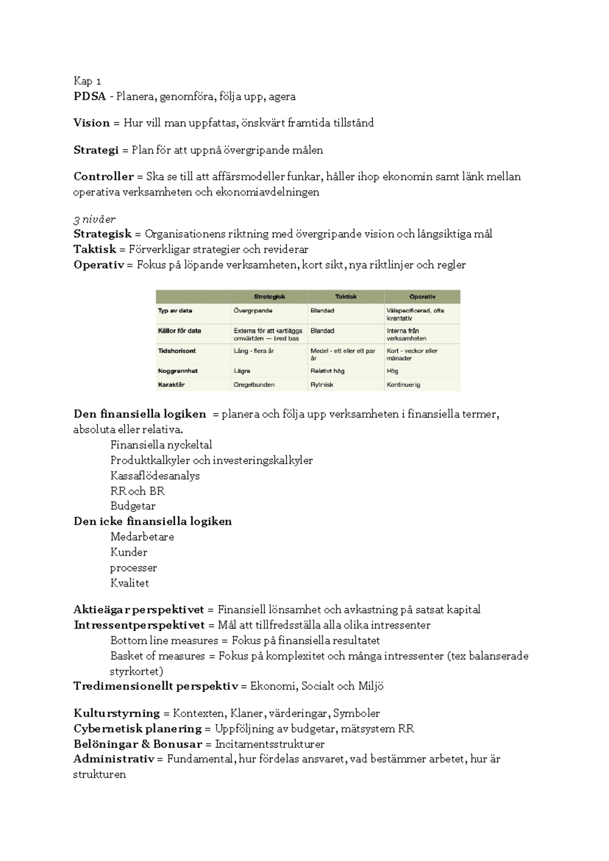 Sammanfattning Ekonomistyrning - Kap 1 PDSA - Planera, Genomföra, Följa ...