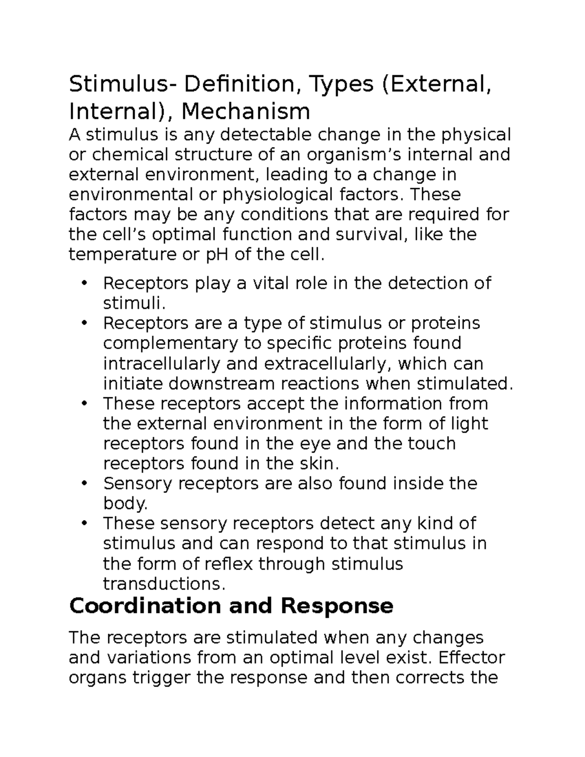 Bio 14 notes Stimulus Definition, Types (External, Internal