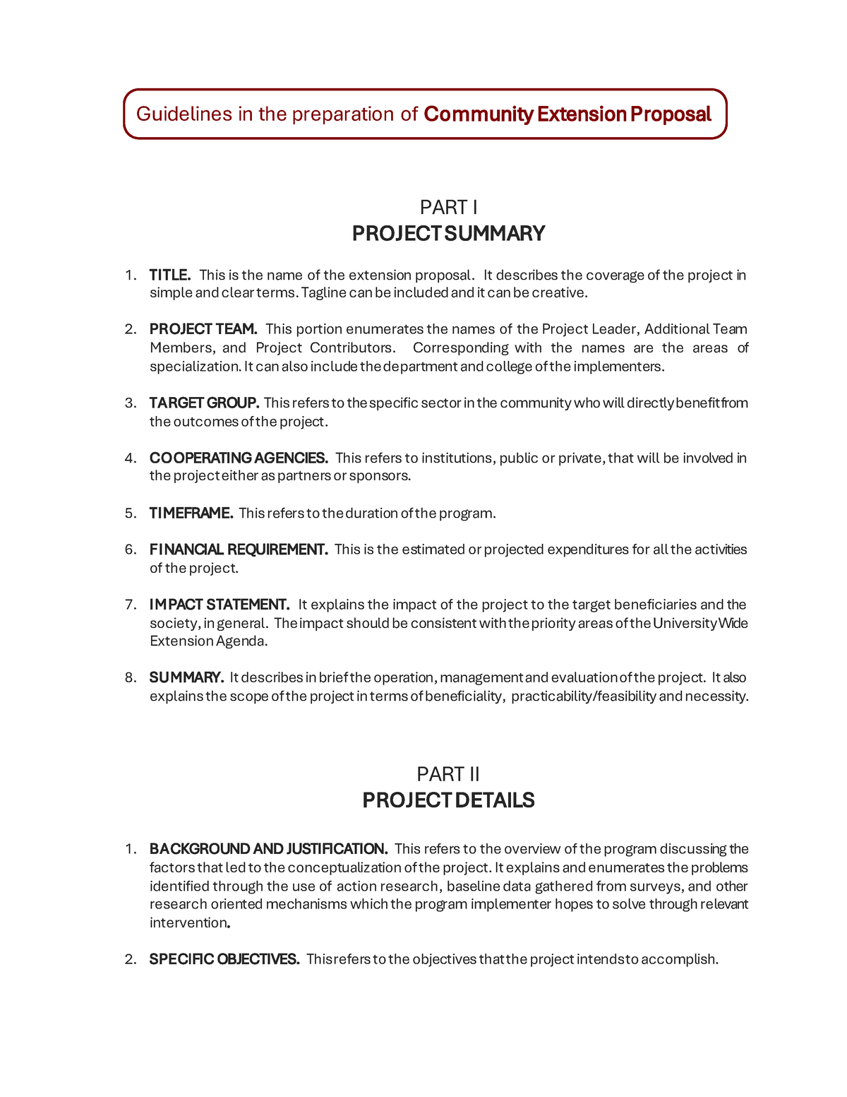 Guidelines Community Extension Proposal Guidelines in the preparation