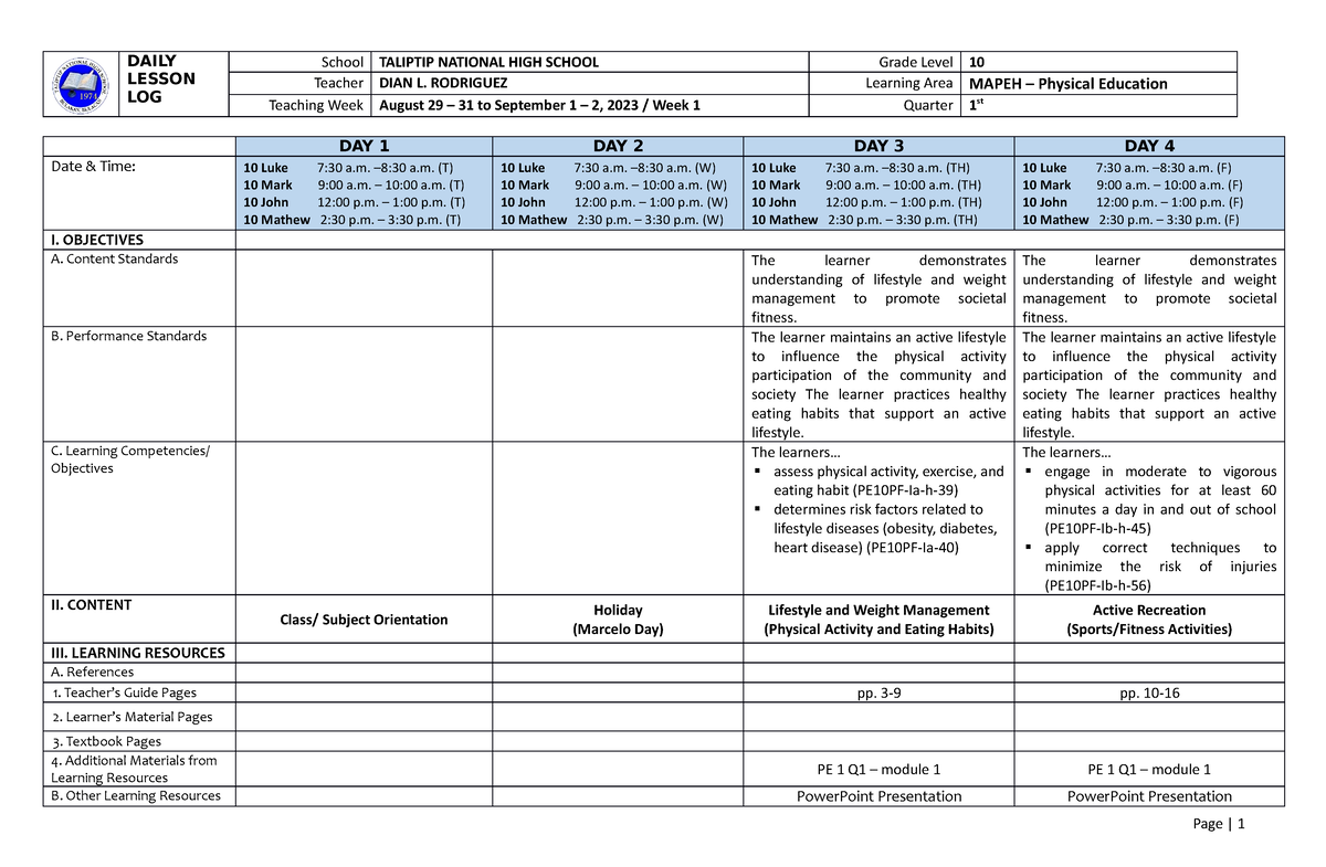 DLL WEEK 1 Q1 P - DLL WEEK 1 Q1 P - DAILY LESSON LOG School TALIPTIP ...