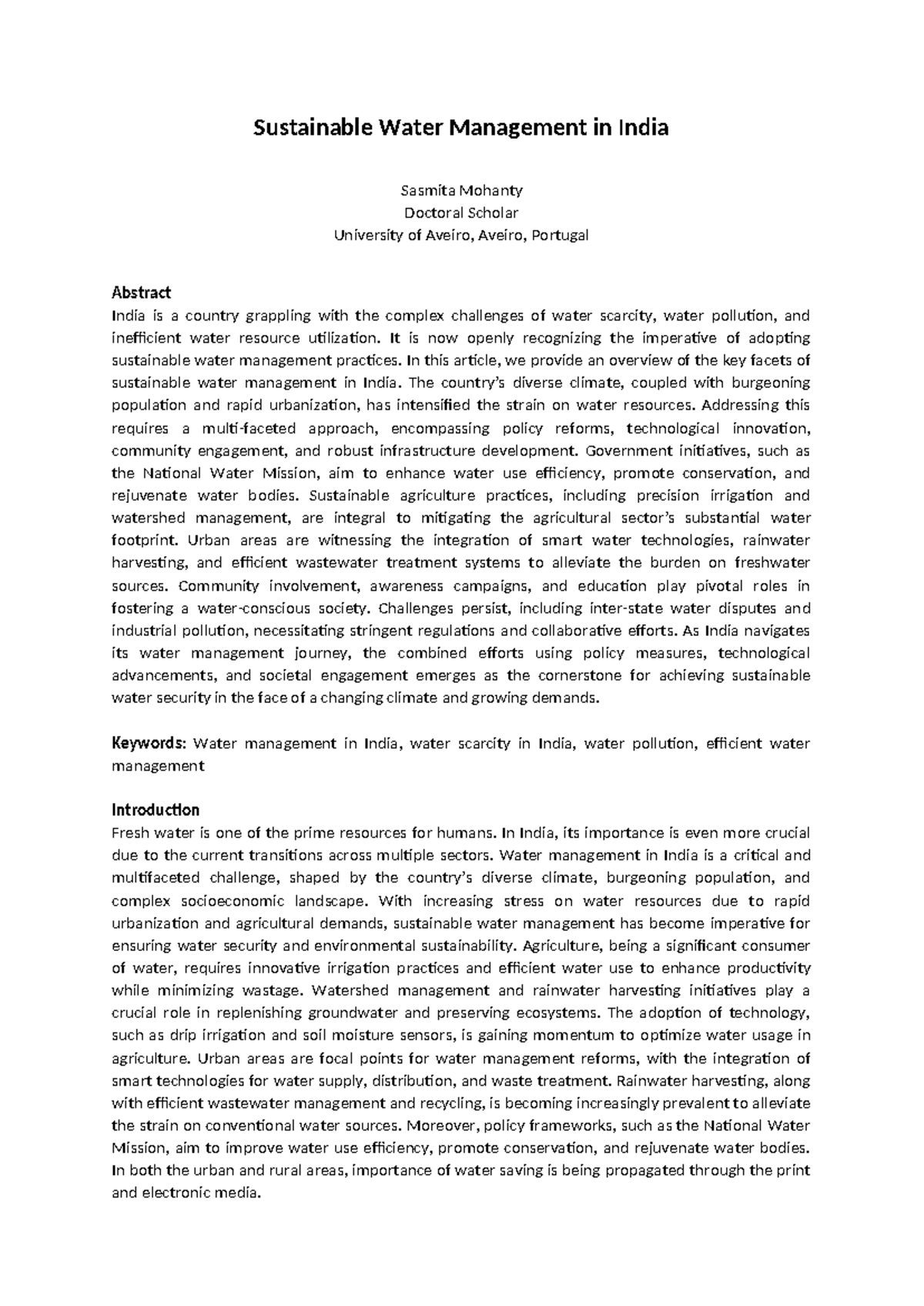 Sustainable Water Managementin India - Sustainable Water Management in ...