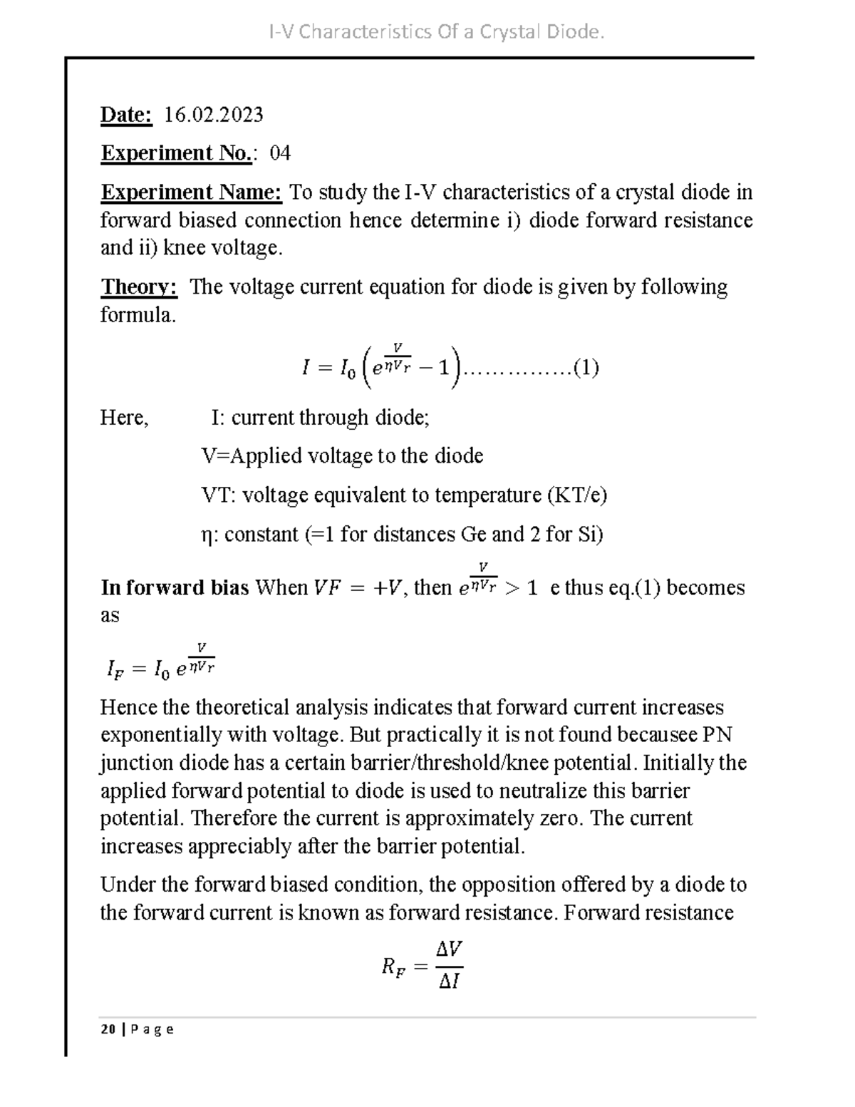 I-V characteristic - Date: 16. Experiment No.: 04 Experiment Name: To ...