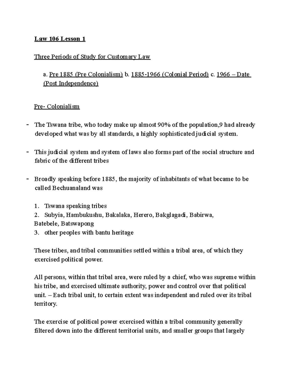 Customary Law Notes - Law 106 Lesson 1 Three Periods Of Study For ...