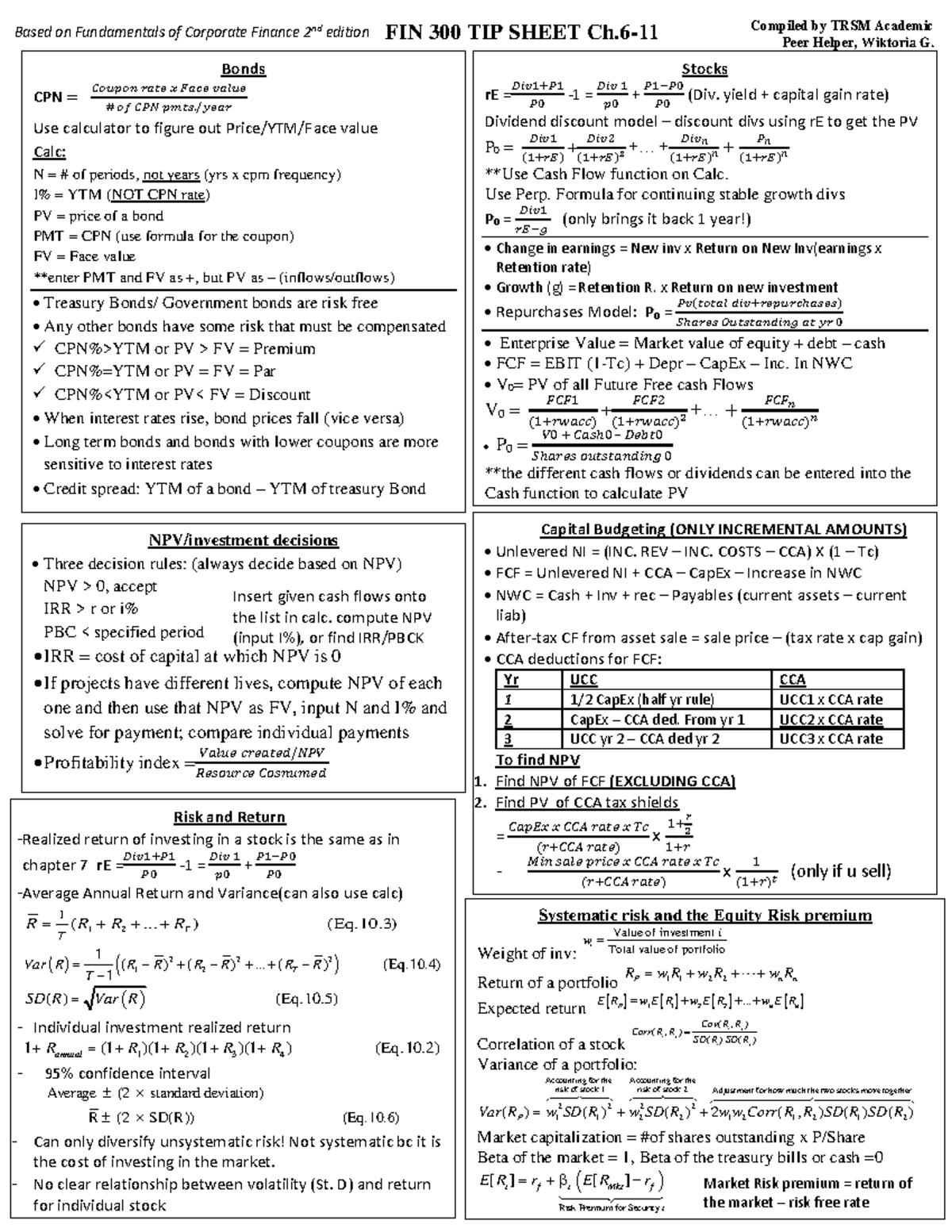 TRSM-ASC W19 FIN300 Tips Final Exam - Stocks RE = 𝐷𝑖𝑣 1 +𝑃 1 𝑃 0 - 1 ...