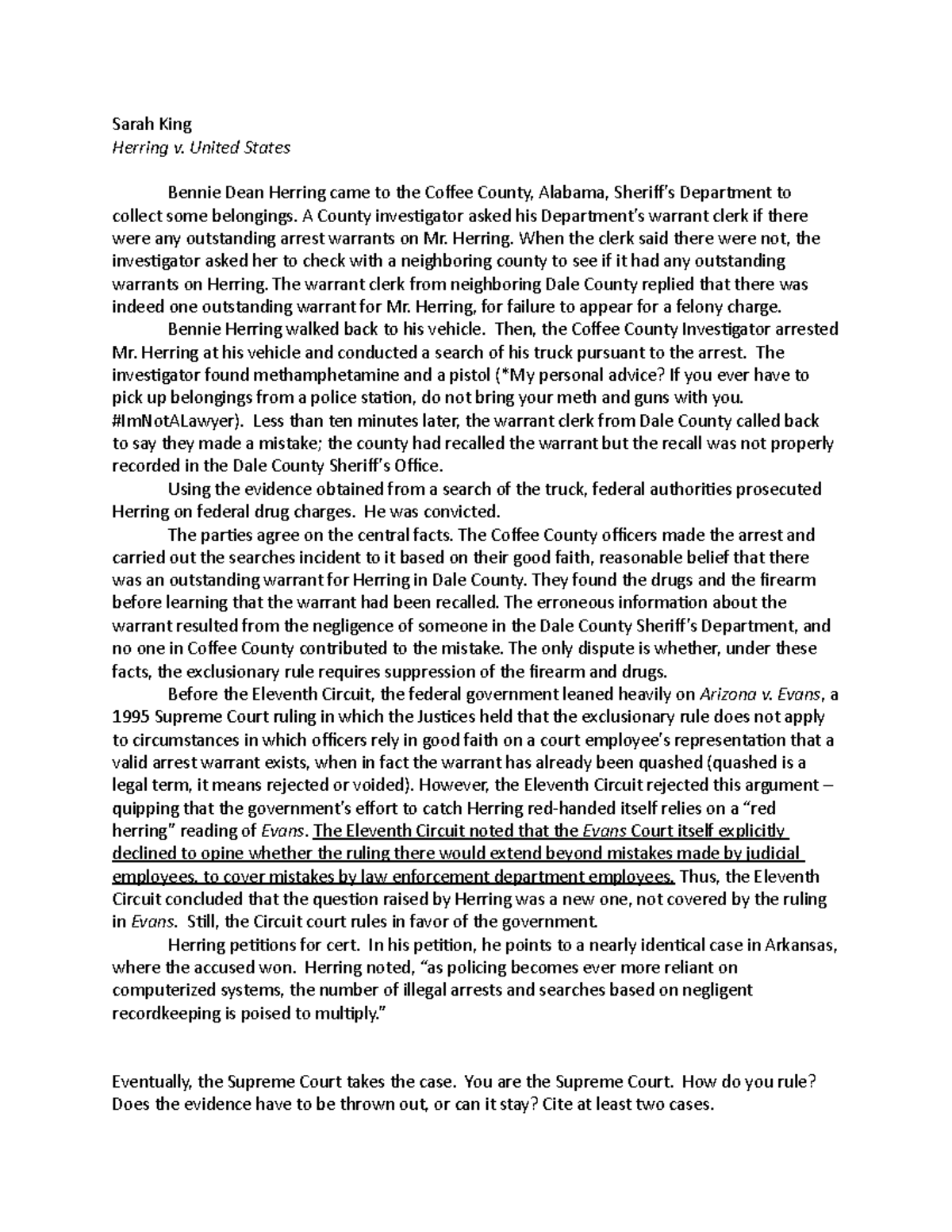 Herring v United States Sarah King Herring v. United States Bennie Dean Herring came to the
