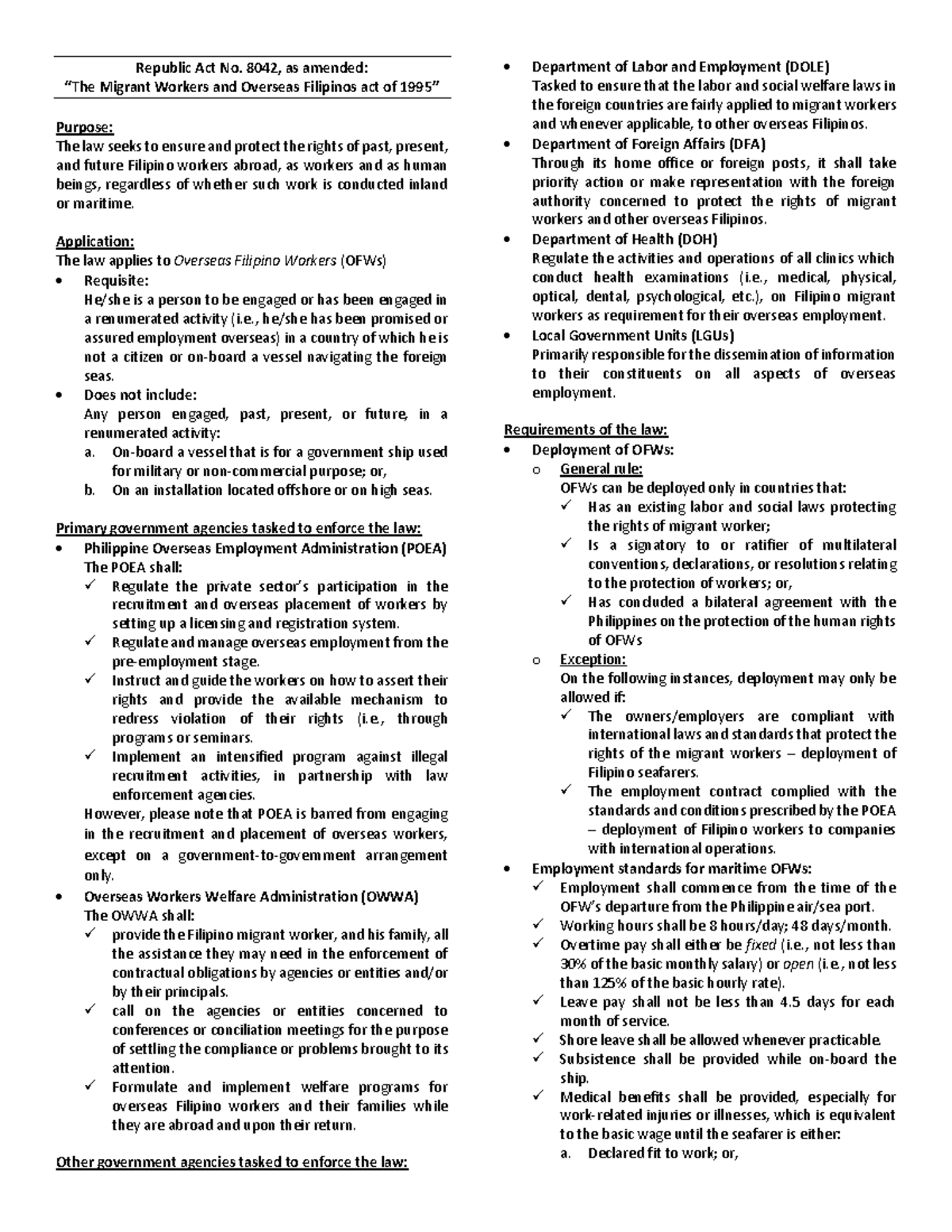 Notes - RA No. 8042 and RA No. 7277 - Republic Act No. 8042, as amended ...