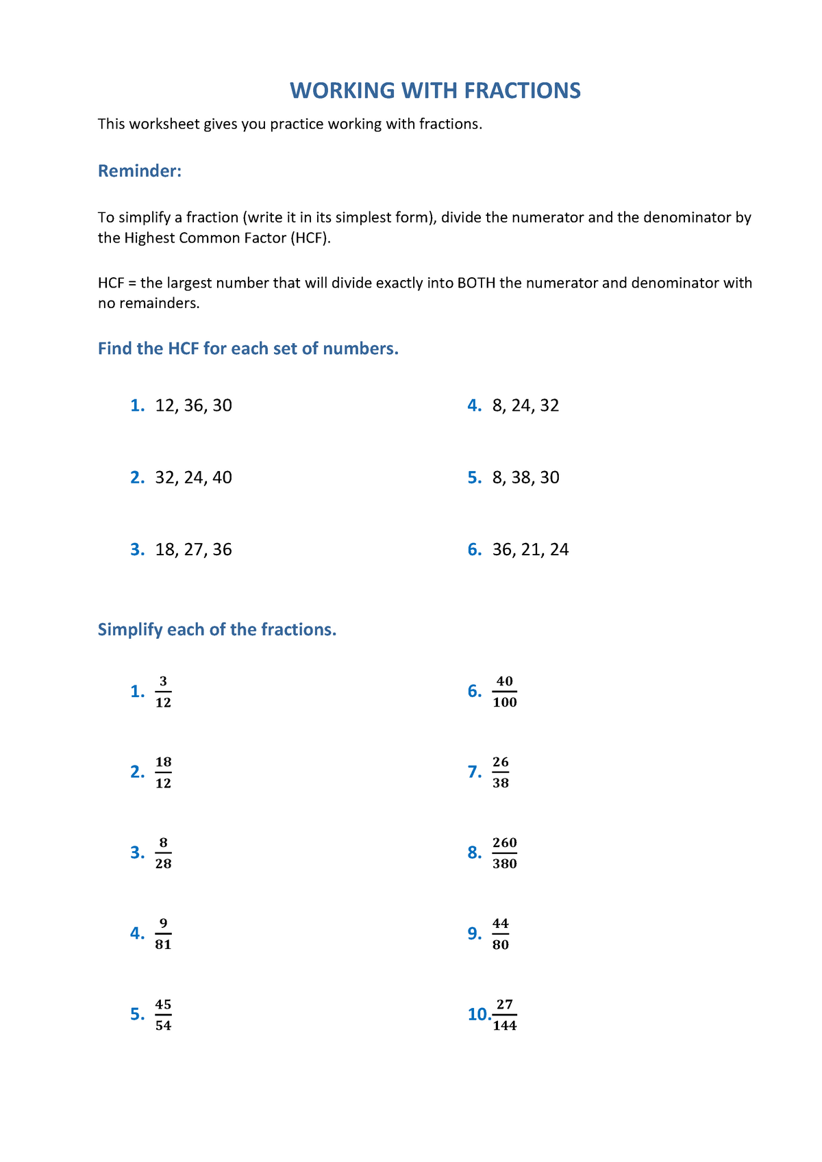 D Working with Fractions - This worksheet gives you practice working ...