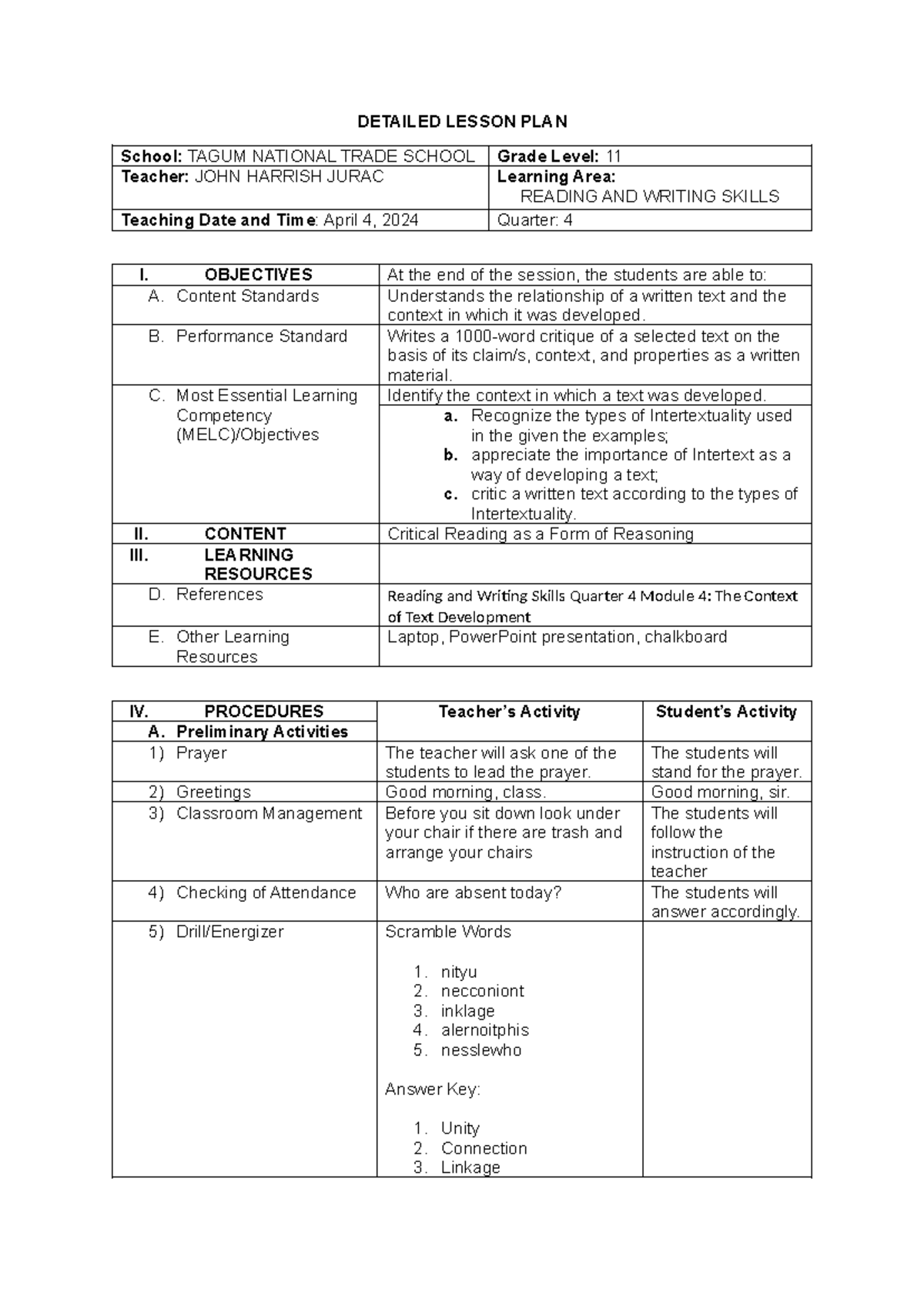 Hypertext - DETAILED LESSON PLAN School: TAGUM NATIONAL TRADE SCHOOL ...
