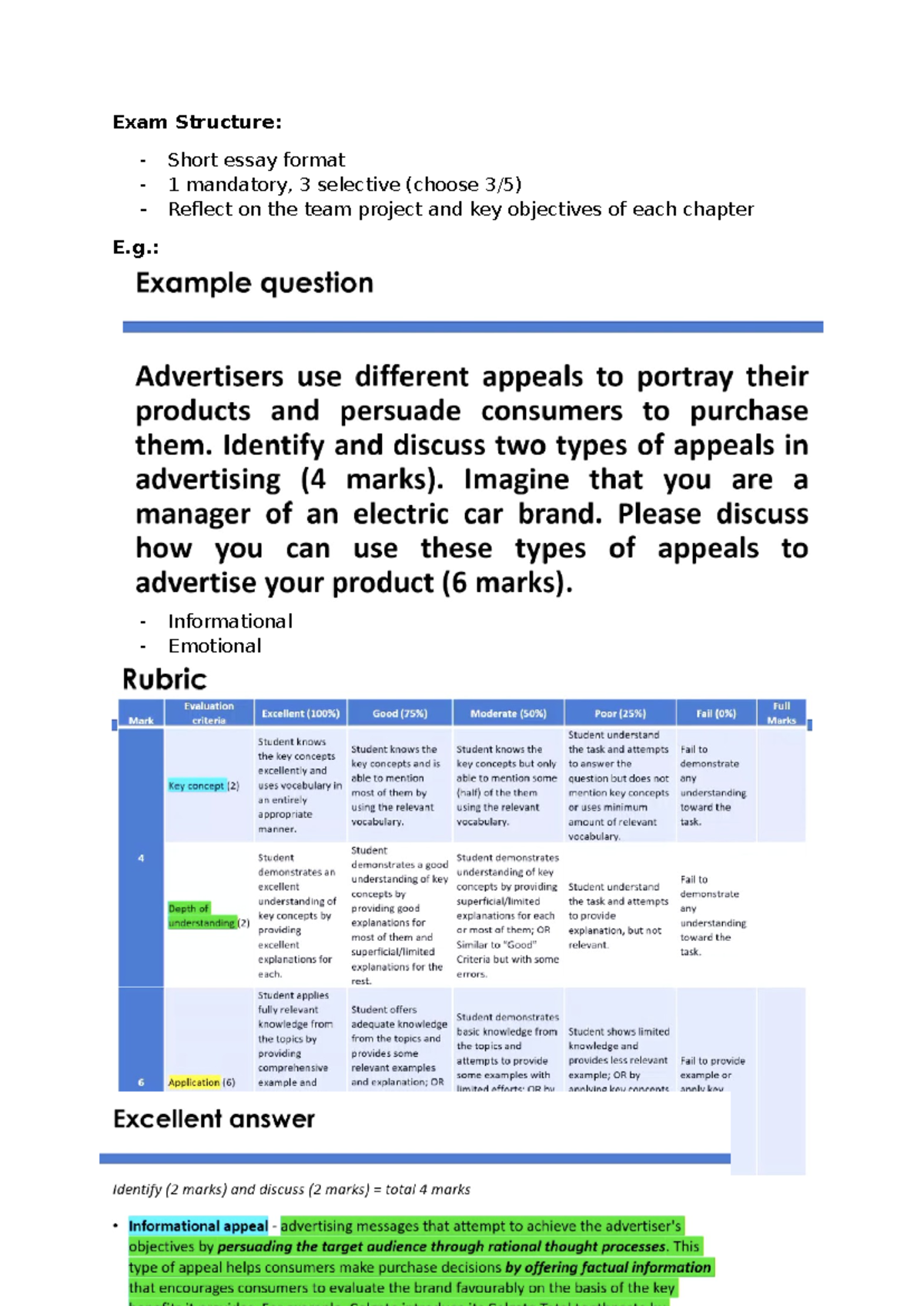 Marketing final Exam - Lecture summarys - Exam Structure: - Short essay ...