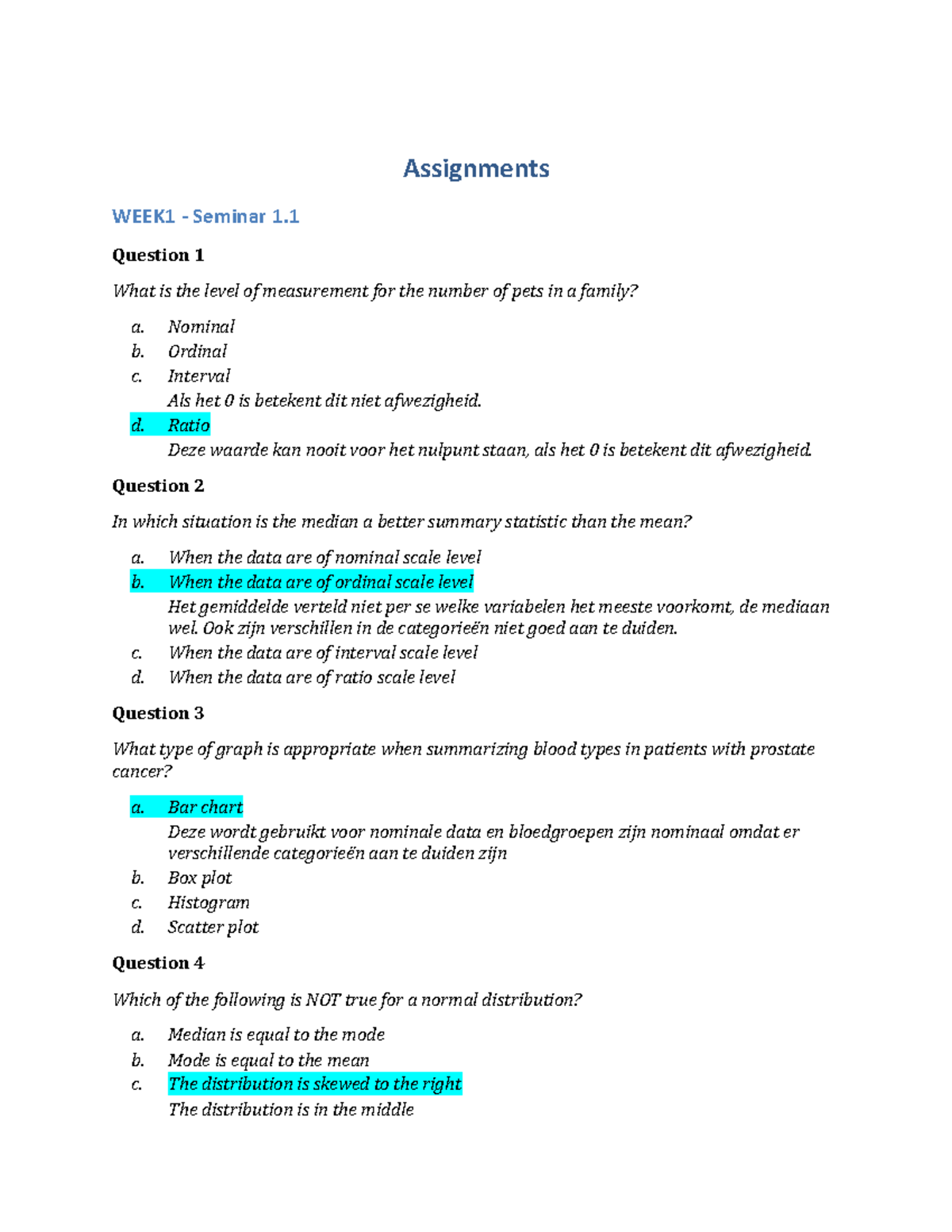 Seminar 1 Assignments Week1 Seminar 1 Question 1 What Is The Level Of Measurement For The