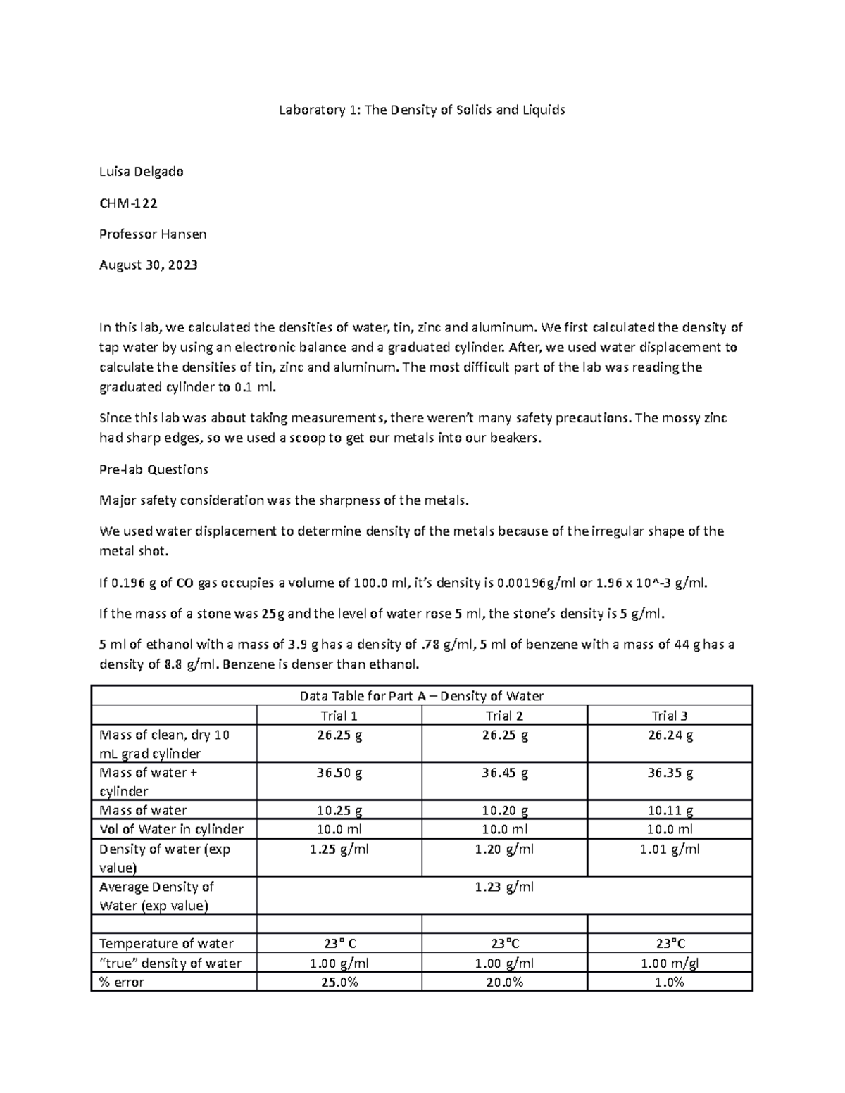 Laboratory 1 Report learning about mass Laboratory 1 The Density of Solids and Liquids