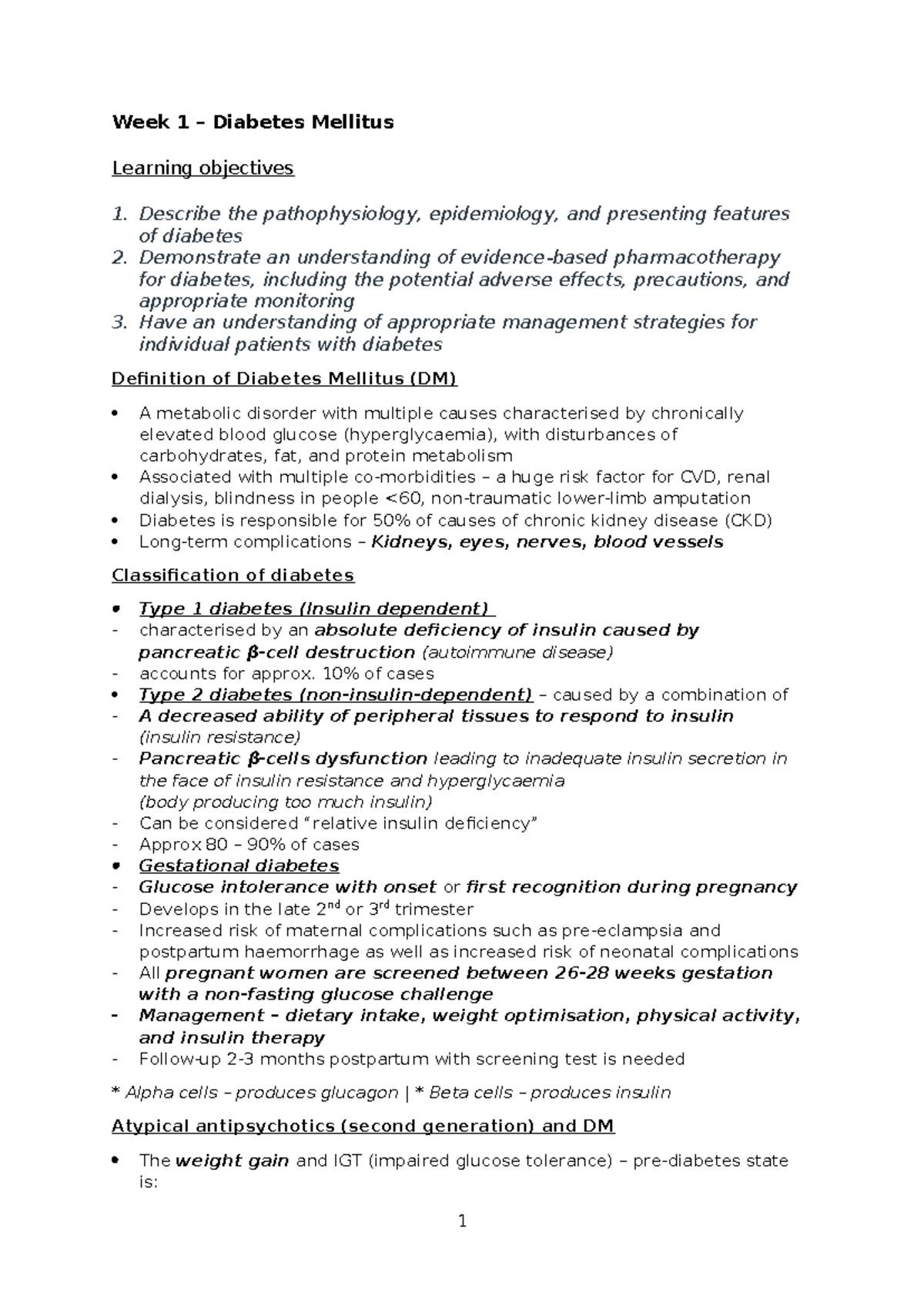 Week 1 Diabetes - Week 1 – Diabetes Mellitus Learning objectives 1 ...