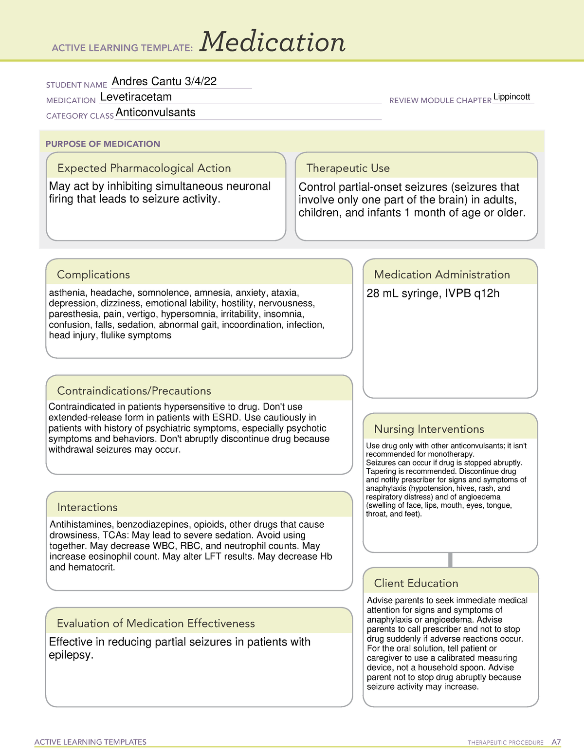 ATI Med Form, Levetiracetam information ACTIVE LEARNING TEMPLATE