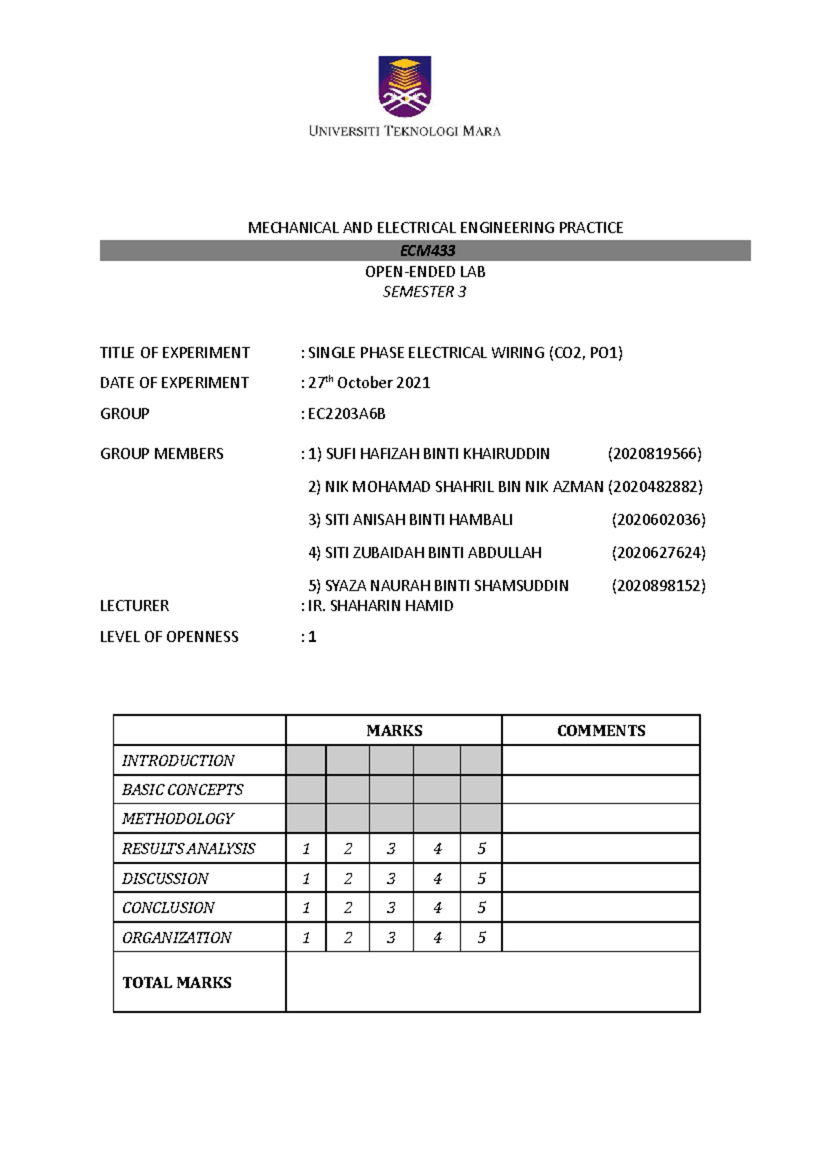 Single Phase Wiring (lab 2) - Mechanical And Electrical Engineering 