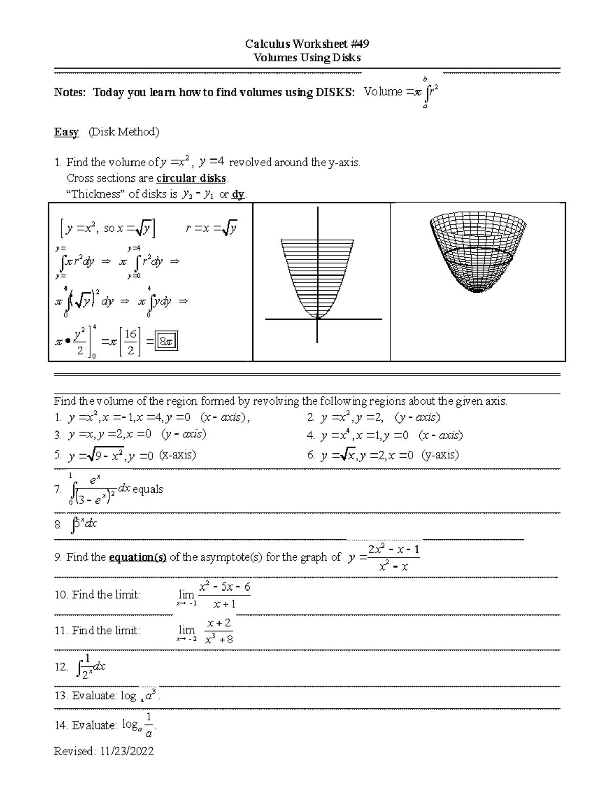 AB ws 049 Volumes Disks Calculus Worksheet Studocu