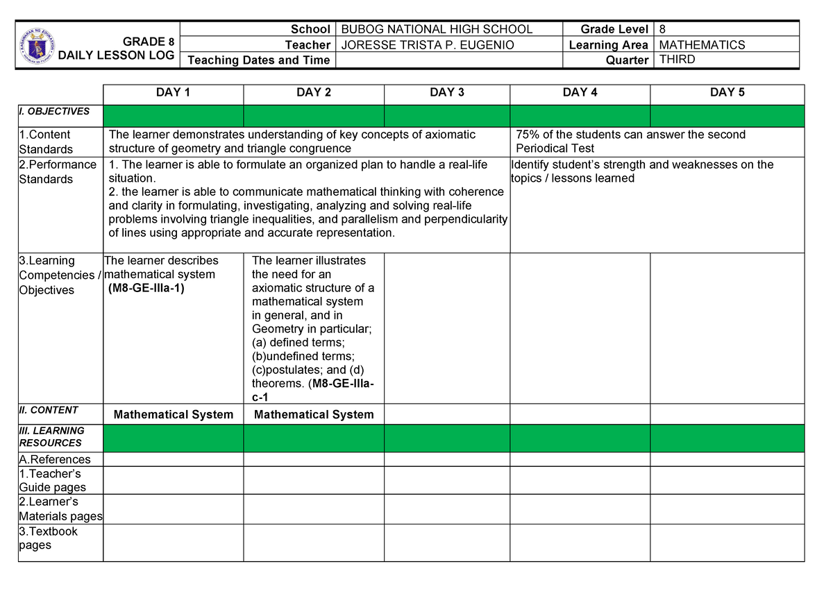 Q3-W1 - Lesson Plan - GRADE 8 DAILY LESSON LOG School BUBOG NATIONAL ...