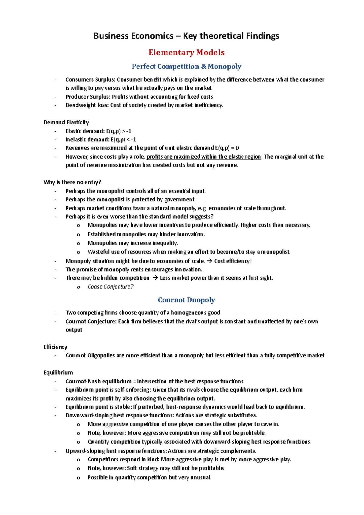 BE2 - Key Learnings - Business Economics Key theoretical Findings ...