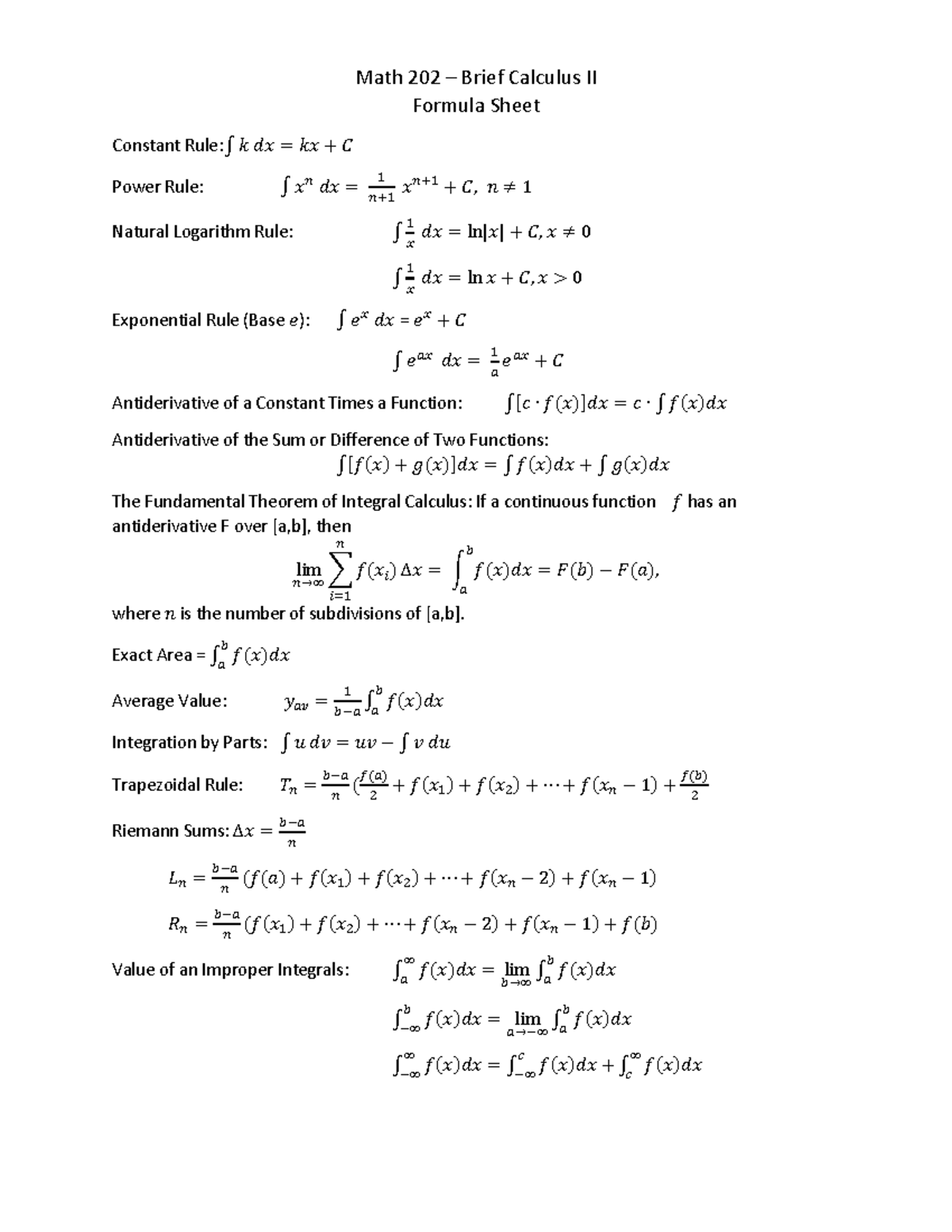 Math 202 Formula Sheet-3 - Math 202 – Brief Calculus II Formula Sheet ...