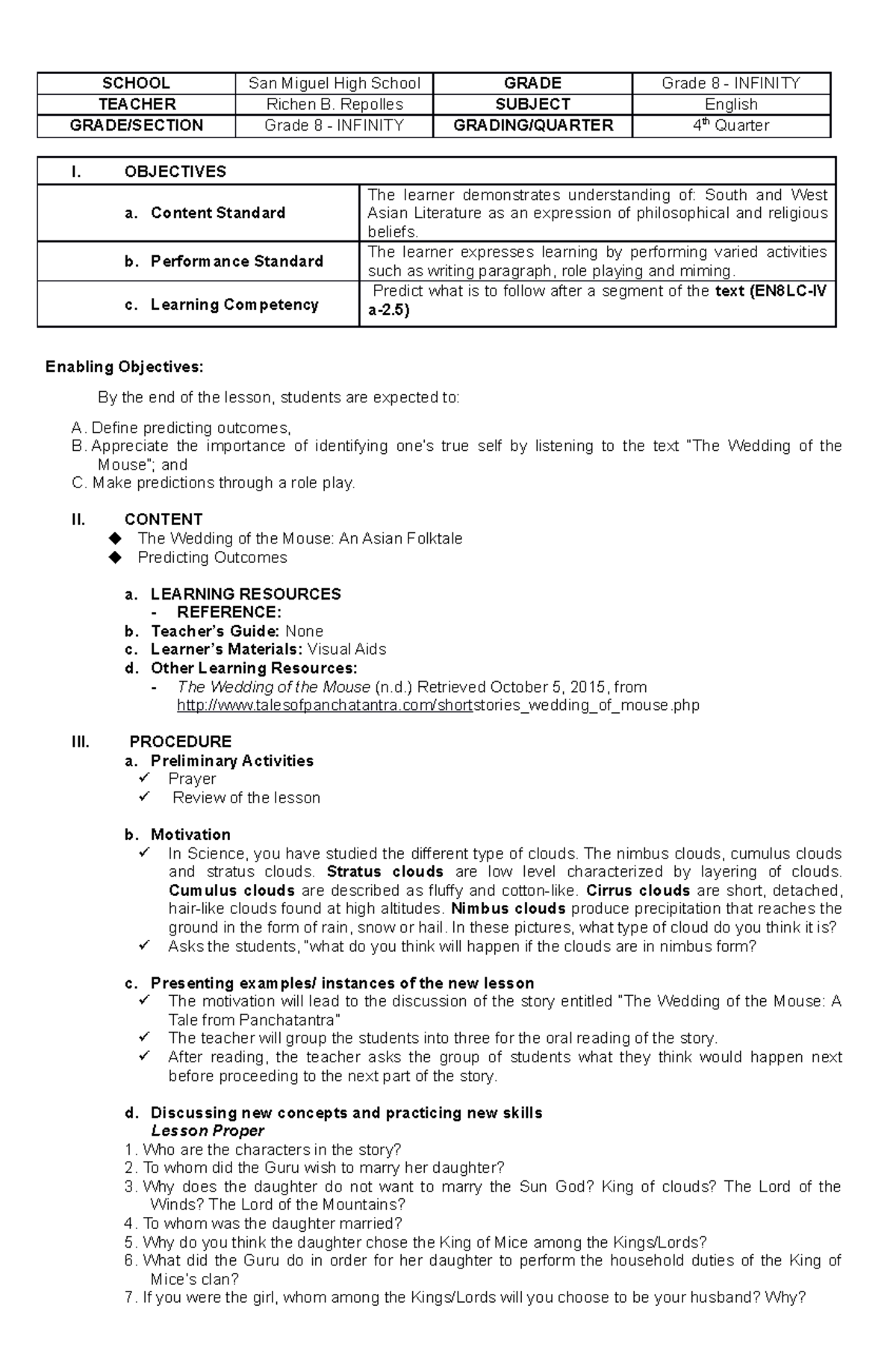 COT 1 - Classroom Observation Tool - SCHOOL San Miguel High School ...