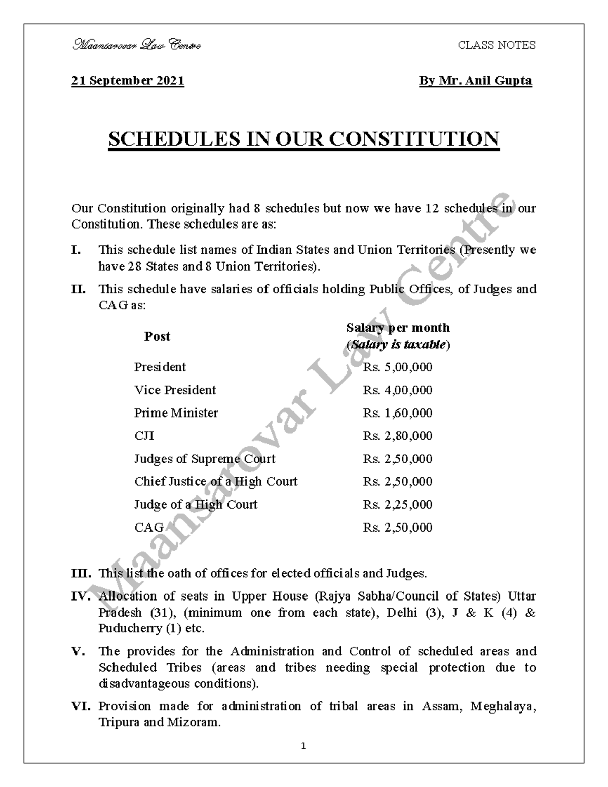 Schedules in our Constitution - Maansarovar Law Centre CLASS NOTES 1 21 ...