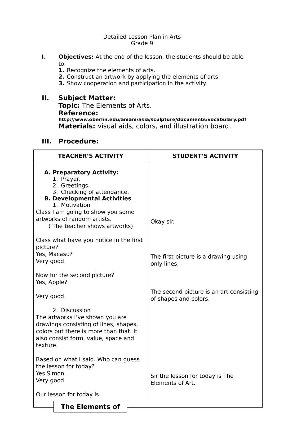 Detailed Lesson Plan in Arts - Bachelor of Elementary Education - Studocu