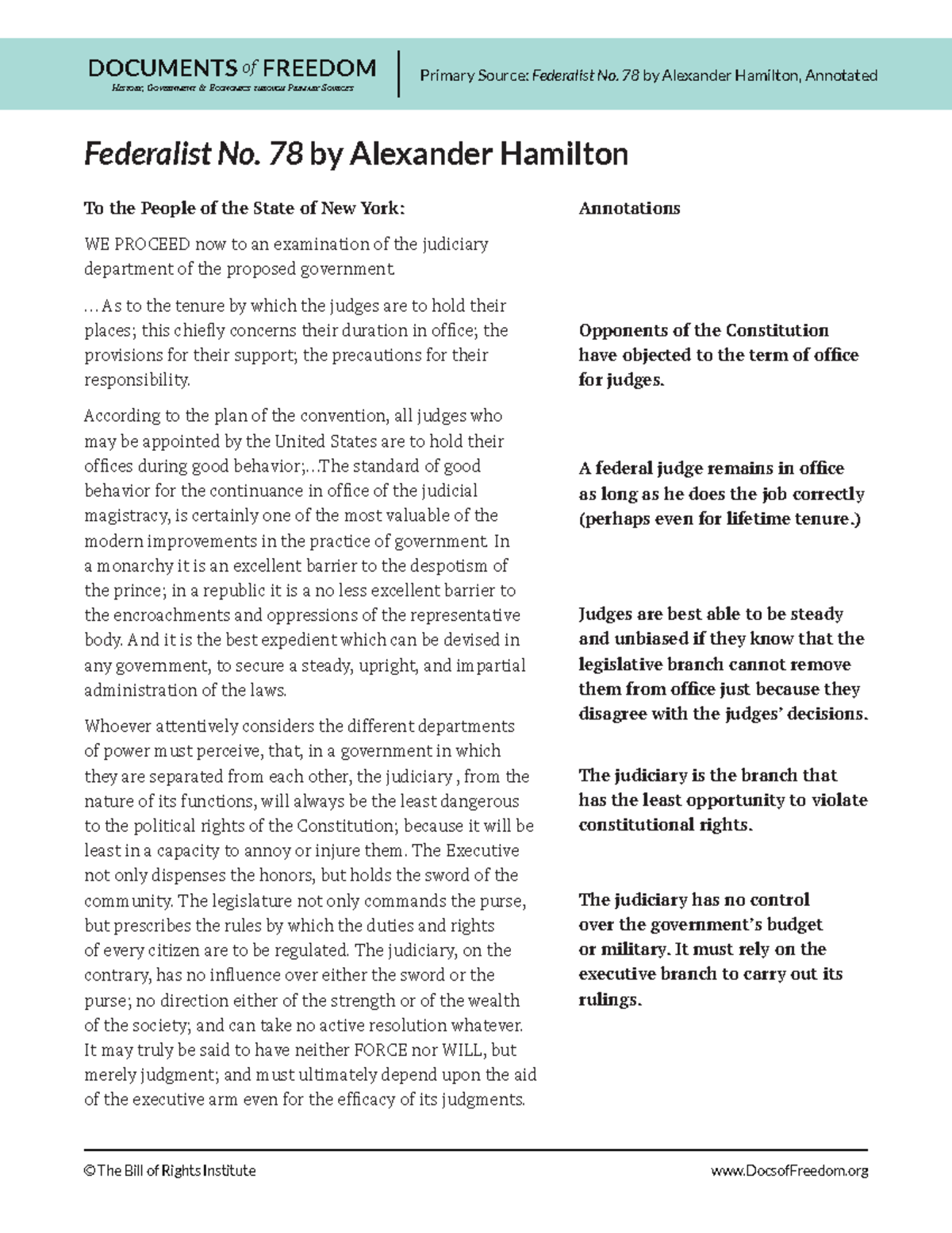 Federalist 78 annotated © The Bill of Rights Institute DocsofFreedom