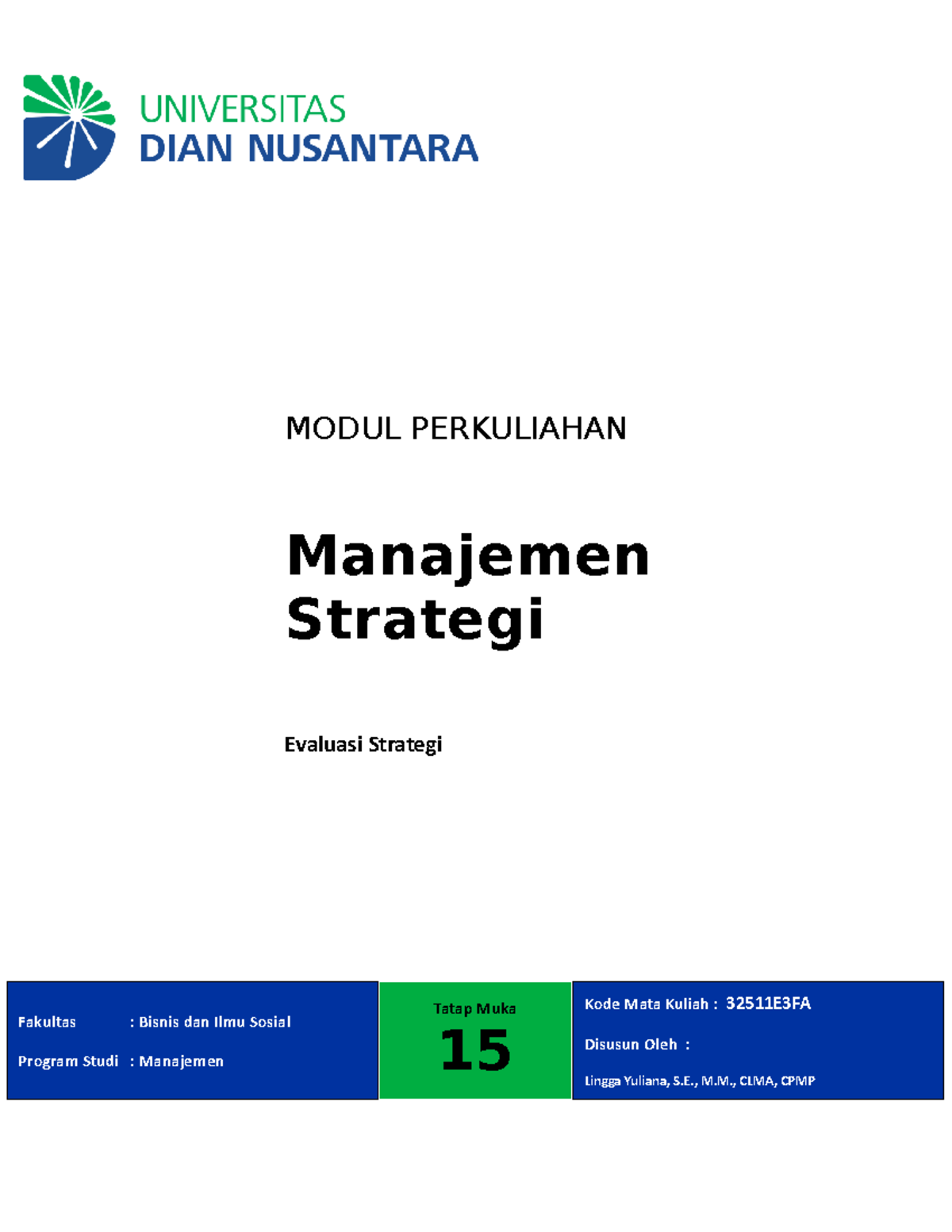 Modul Manajemen Strategik Pertemuan 15 - Sosial - Studocu